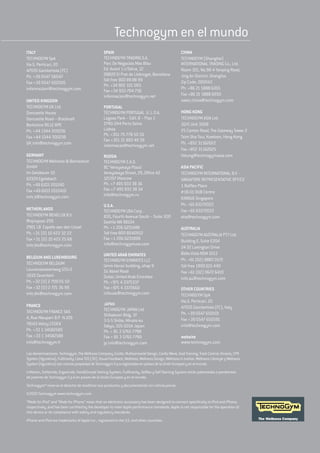Technogym en el mundo
ITALY                                              SPAIN                                               CHINA
TECHNOGYM SpA                                      TECHNOGYM TRADING S.A.                              TECHNOGYM (Shanghai)
Via G. Perticari, 20                               Parc De Negocios Mas Blau                           INTERNATIONAL TRADING Co., Ltd.
47035 Gambettola (FC)                              Ed. Avant 1 c/Selva, 12                             Room 101, No.98-4 Yanping Road,
Ph. +39 0547 56047                                 08820 El Prat de Llobregat, Barcelona               Jing An District, Shanghai.
                                                   Toll free 900 89 88 99                              Zip Code: 200042
Fax +39 0547 650505
                                                   Ph. +34 902 101 093
informazioni@technogym.com                                                                             Ph. +86 21 5888 6355
                                                   Fax +34 933 704 736
                                                   informacion@technogym.net                           Fax +86 21 5888 6950
UNITED KINGDOM                                                                                         sales_china@technogym.com
TECHNOGYM UK Ltd.                                  PORTUGAL
Doncastle House                                    TECHNOGYM PORTUGAL U. L.D.A.                        HONG KONG
Doncastle Road – Bracknell                         Lagoas Park – Edif. 8 – Piso 1                      TECHNOGYM ASIA Ltd.
Berkshire RG12 8PE                                 2740-244 Porto Salvo                                30/F, Unit 3008
Ph. +44 1344 300236                                Lisboa                                              25 Canton Road, The Gateway Tower 2
                                                   Ph. +351 70 778 50 56                               Tsim Sha Tsui, Kowloon, Hong Kong
Fax +44 1344 300238
                                                   Fax +351 21 893 40 39
UK_info@technogym.com                                                                                  Ph. +852 31162622
                                                   informacao@technogym.net
                                                                                                       Fax +852 31162625
GERMANY                                            RUSSIA                                              hleung@technogymasia.com
TECHNOGYM Wellness & Biomedical                    TECHNOGYM Z.A.O.
GmbH                                               BC ‘Vereyskaya Plaza’                               ASIA PACIFIC
Im Geisbaum 10                                     Vereyskaya Street, 29, Office 42                    TECHNOGYM INTERNATIONAL B.V -
63329 Egelsbach                                    121357 Moscow                                       SINGAPORE REPRESENTATIVE OFFICE
Ph. +49 6103 201240                                Ph. +7 495 933 38 36                                1 Raffles Place
Fax +49 6103 2012410                               Fax +7 495 933 38 34
                                                                                                       #18-01 OUB Centre
info_d@technogym.com                               info@technogym.ru
                                                                                                       048616 Singapore
                                                   U.S.A.                                              Ph. +65 63272022
NETHERLANDS                                        TECHNOGYM USA Corp.                                 Fax +65 63272033
TECHNOGYM BENELUX B.V.                             830, Fourth Avenue South – Suite 300                eho@technogym.com
Rhijnspoor 259                                     Seattle WA 98134
2901 LB Capelle aan den IJssel                     Ph. +1 206 6231488                                  AUSTRALIA
Ph. +31 (0) 10 422 32 22                           Toll free 800 8040952                               TECHNOGYM AUSTRALIA PTY Ltd.
Fax +31 (0) 10 422 25 68                           Fax +1 206 6231898
                                                                                                       Building E, Suite E204
info_blx@technogym.com                             info@technogymusa.com
                                                                                                       24-32 Lexington Drive
                                                   UNITED ARAB EMIRATES                                Bella Vista NSW 2153
BELGIUM AND LUXEMBOURG                                                                                 Ph. +61 (02) 8883 0172
                                                   TECHNOGYM EMIRATES LLC
TECHNOGYM BELGIUM
                                                   Umm Harair building, shop 9                         Toll free 1800 615 440
Leuvensesteenweg 555/2                             Za’ Abeel Road                                      Fax +61 (02) 9672 6410
1930 Zaventem                                      Dubai, United Arab Emirates                         info.au@technogym.com
Ph. +32 (0) 2 709 05 50                            Ph. +971 4 3375337
Fax +32 (0) 2 721 36 99                            Fax +971 4 3372660                                  OTHER COUNTRIES
info_blx@technogym.com                             infouae@technogym.com                               TECHNOGYM SpA
                                                                                                       Via G. Perticari, 20
FRANCE                                             JAPAN
                                                   TECHNOGYM JAPAN Ltd.                                47035 Gambettola (FC), Italy
TECHNOGYM FRANCE SAS                                                                                   Ph. +39 0547 650101
                                                   Shibakoen Bldg. 3F
4, Rue Nieuport B.P. N.109                                                                             Fax +39 0547 650591
                                                   3-5-5 Shiba, Minato-ku
78143 Velizy CEDEX                                 Tokyo, 105-0014 Japan                               info@technogym.com
Ph. +33 1 34582585                                 Ph. + 81 3 5765 7788
Fax +33 1 34582588                                 Fax + 81 3 5765 7789                                website
info@technogym.fr                                  jp_info@technogym.com                               www.technogym.com

Las denominaciones Technogym, The Wellness Company, Excite, Multisensorial Design, Cardio Wave, Goal Training, Track Control, Kinesis, CPR
System (figurativa), FullGravity, Llave TGS (3D), Visual Feedback, Wellness, Wellness Design, Wellness in motion, Wellness Lifestyle y Wellness
System (figurativa) son marcas propiedad de Technogym S.p.a registradas en países de la Unión Europea y en el mundo.
InMotion, Softstride, Ergostride, Fast&Simple Setting System, FullGravity, Selflex y Self Starting System están patentados o pendientes
de patente de Technogym S.p.A en países de la Unión Europea y en el mundo.
Technogym® reserva el derecho de modificar sus productos y documentación sin noticia previa.
©2010 Technogym www.technogym.com
“Made for iPod” and “Made for iPhone” mean that an electronic accessory has been designed to connect specifically to iPod and iPhone,
respectively, and has been certified by the developer to meet Apple performance standards. Apple is not responsible for the operation of
this device or its compliance with safety and regulatory standards.
iPhone and iPod are trademarks of Apple Inc., registered in the U.S. and other countries.
 