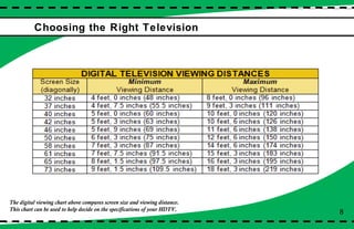 Choosing the Right Television 8 The digital viewing chart above compares screen size and viewing distance.  This chart can be used to help decide on the specifications of your HDTV. 