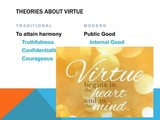 THEORIES ABOUT VIRTUE
T R A D I T I O N A L
To attain harmony
Truthfulness
Confidentiality
Courageous
M O D E R N
Public Good
Internal Good