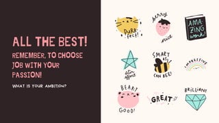 ALL THE BEST!
REMEMBER, TO CHOOSE
JOB WITH YOUR
PASSION!
WHAT IS YOUR AMBITION?
 