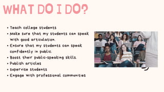 WHAT DO I DO?
Teach college students
Make sure that my students can speak
with good articulation.
Ensure that my students can speak
confidently in public.
Boost their public-speaking skills.
Publish articles
supervise students
Engage with professional communities
 