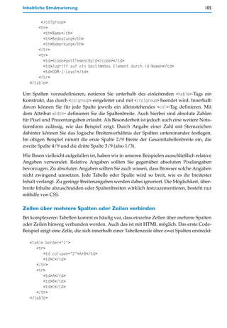 Inhaltliche Strukturierung                                                                105


        </colgroup>
       <tr>
         <th>Name</th>
         <th>Bedeutung</th>
         <th>Bemerkung</th>
       </tr>
       <tr>
         <td><code>getElementById</code></td>
         <td>Zugriff auf ein bestimmtes Element durch id-Namen</td>
         <td>DOM-1-Level</td>
       </tr>
   </table>

Um Spalten vorzudefinieren, notieren Sie unterhalb des einleitenden <table>-Tags ein
Konstrukt, das durch <colgroup> eingeleitet und mit </colgroup> beendet wird. Innerhalb
davon können Sie für jede Spalte jeweils ein alleinstehendes <col>-Tag definieren. Mit
dem Attribut width= definieren Sie die Spaltenbreite. Auch hierbei sind absolute Zahlen
für Pixel und Prozentangaben erlaubt. Als Besonderheit ist jedoch auch eine weitere Nota-
tionsform zulässig, wie das Beispiel zeigt. Durch Angabe einer Zahl mit Sternzeichen
dahinter können Sie das logische Breitenverhältnis der Spalten untereinander festlegen.
Im obigen Beispiel nimmt die erste Spalte 2/9 Breite der Gesamttabellenbreite ein, die
zweite Spalte 4/9 und die dritte Spalte 3/9 (also 1/3).

Wie Ihnen vielleicht aufgefallen ist, haben wir in unseren Beispielen ausschließlich relative
Angaben verwendet. Relative Angaben sollten Sie gegenüber absoluten Pixelangaben
bevorzugen. Zu absoluten Angaben sollten Sie auch wissen, dass Browser solche Angaben
nicht zwingend umsetzen. Jede Tabelle oder Spalte wird so breit, wie es ihr breitester
Inhalt verlangt. Zu geringe Breitenangaben werden dabei ignoriert. Die Möglichkeit, über-
breite Inhalte abzuschneiden oder Spaltenbreiten wirklich festzuzementieren, besteht nur
mithilfe von CSS.

Zellen über mehrere Spalten oder Zeilen verbinden
Bei komplexeren Tabellen kommt es häufig vor, dass einzelne Zellen über mehrere Spalten
oder Zeilen hinweg verbunden werden. Auch das ist mit HTML möglich. Das erste Code-
Beispiel zeigt eine Zelle, die sich innerhalb einer Tabellenzeile über zwei Spalten erstreckt:

   <table border="1">
      <tr>
         <td colspan="2">A+B</td>
         <td>C</td>
      </tr>
      <tr>
         <td>A</td>
         <td>B</td>
         <td>C</td>
      </tr>
   </table>
 