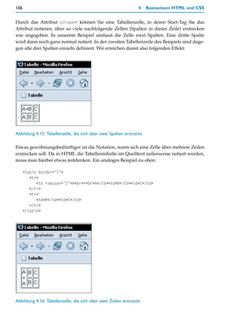 106                                                              4    Basiswissen HTML und CSS


Durch das Attribut colspan= können Sie eine Tabellenzelle, in deren Start-Tag Sie das
Attribut notieren, über so viele nachfolgende Zellen (Spalten in dieser Zeile) erstrecken
wie angegeben. In unserem Beispiel umfasst die Zelle zwei Spalten. Eine dritte Spalte
wird dann noch ganz normal notiert. In der zweiten Tabellenzeile des Beispiels sind dage-
gen alle drei Spalten einzeln definiert. Wir erreichen damit also folgenden Effekt:




Abbildung 4.15: Tabellenzelle, die sich über zwei Spalten erstreckt

Etwas gewöhnungsbedürftiger ist die Notation, wenn sich eine Zelle über mehrere Zeilen
erstrecken soll. Da in HTML die Tabelleninhalte im Quelltext zeilenweise notiert werden,
muss man hierbei etwas mitdenken. Ein analoges Beispiel zu oben:

      <table border="1">
         <tr>
            <td rowspan="2">A<br>+<br>A</td><td>B</td><td>C</td>
         </tr>
         <tr>
            <td>B</td><td>C</td>
         </tr>
      </table>




Abbildung 4.16: Tabellenzelle, die sich über zwei Zeilen erstreckt
 