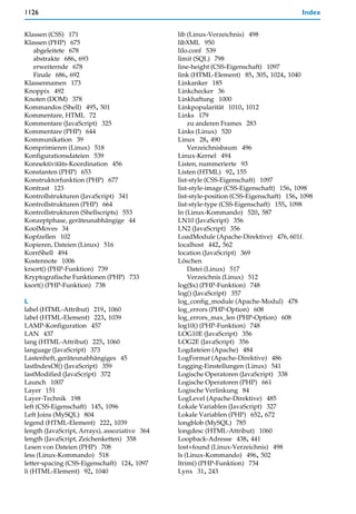 1126                                                                                      Index


Klassen (CSS) 171                              lib (Linux-Verzeichnis) 498
Klassen (PHP) 675                              libXML 950
   abgeleitete 678                             lilo.conf 539
   abstrakte 686, 693                          limit (SQL) 798
   erweiternde 678                             line-height (CSS-Eigenschaft) 1097
   Finale 686, 692                             link (HTML-Element) 85, 305, 1024, 1040
Klassennamen 173                               Linkanker 185
Knoppix 492                                    Linkchecker 36
Knoten (DOM) 378                               Linkhaftung 1000
Kommandos (Shell) 495, 501                     Linkpopularität 1010, 1012
Kommentare, HTML 72                            Links 179
Kommentare (JavaScript) 325                        zu anderen Frames 283
Kommentare (PHP) 644                           Links (Linux) 520
Kommunikation 39                               Linux 28, 490
Komprimieren (Linux) 518                           Verzeichnisbaum 496
Konfigurationsdateien 539                      Linux-Kernel 494
Konnektivitäts-Koordination 456                Listen, nummerierte 93
Konstanten (PHP) 653                           Listen (HTML) 92, 155
Konstruktorfunktion (PHP) 677                  list-style (CSS-Eigenschaft) 1097
Kontrast 123                                   list-style-image (CSS-Eigenschaft) 156, 1098
Kontrollstrukturen (JavaScript) 341            list-style-position (CSS-Eigenschaft) 156, 1098
Kontrollstrukturen (PHP) 664                   list-style-type (CSS-Eigenschaft) 155, 1098
Kontrollstrukturen (Shellscripts) 553          ln (Linux-Kommando) 520, 587
Konzeptphase, geräteunabhängige 44             LN10 (JavaScript) 356
KoolMoves 34                                   LN2 (JavaScript) 356
Kopfzellen 102                                 LoadModule (Apache-Direktive) 476, 601f.
Kopieren, Dateien (Linux) 516                  localhost 442, 562
KornShell 494                                  location (JavaScript) 369
Kostennote 1006                                Löschen
krsort() (PHP-Funktion) 739                        Datei (Linux) 517
Kryptografische Funktionen (PHP) 733               Verzeichnis (Linux) 512
ksort() (PHP-Funktion) 738                     log($x) (PHP-Funktion) 748
                                               log() (JavaScript) 357
L                                              log_config_module (Apache-Modul) 478
label (HTML-Attribut) 219, 1060                log_errors (PHP-Option) 608
label (HTML-Element) 223, 1039                 log_errors_max_len (PHP-Option) 608
LAMP-Konfiguration 457                         log10() (PHP-Funktion) 748
LAN 437                                        LOG10E (JavaScript) 356
lang (HTML-Attribut) 225, 1060                 LOG2E (JavaScript) 356
language (JavaScript) 373                      Logdateien (Apache) 484
Lastenheft, geräteunabhängiges 45              LogFormat (Apache-Direktive) 486
lastIndexOf() (JavaScript) 359                 Logging-Einstellungen (Linux) 541
lastModified (JavaScript) 372                  Logische Operatoren (JavaScript) 338
Launch 1007                                    Logische Operatoren (PHP) 661
Layer 151                                      Logische Verlinkung 84
Layer-Technik 198                              LogLevel (Apache-Direktive) 485
left (CSS-Eigenschaft) 145, 1096               Lokale Variablen (JavaScript) 327
Left Joins (MySQL) 804                         Lokale Variablen (PHP) 652, 672
legend (HTML-Element) 222, 1039                longblob (MySQL) 785
length (JavaScript, Arrays), assoziative 364   longdesc (HTML-Attribut) 1060
length (JavaScript, Zeichenketten) 358         Loopback-Adresse 438, 441
Lesen von Dateien (PHP) 708                    lost+found (Linux-Verzeichnis) 498
less (Linux-Kommando) 518                      ls (Linux-Kommando) 496, 502
letter-spacing (CSS-Eigenschaft) 124, 1097     ltrim() (PHP-Funktion) 734
li (HTML-Element) 92, 1040                     Lynx 31, 243
 