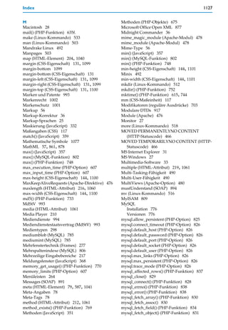 Index                                                                             1127


M                                             Methoden (PHP-Objekte) 675
Macintosh 28                                  Microsoft Office Open XML 877
mail() (PHP-Funktion) 635f.                   Midnight Commander 36
make (Linux-Kommando) 533                     mime_magic_module (Apache-Modul) 478
man (Linux-Kommando) 503                      mime_module (Apache-Modul) 478
Mandrake Linux 492                            Mime-Type 56
Manpages 503                                  min() (JavaScript) 357
map (HTML-Element) 204, 1040                  min() (MySQL-Funktion) 802
margin (CSS-Eigenschaft) 131, 1099            min() (PHP-Funktion) 748
margin-bottom 1099                            min-height (CSS-Eigenschaft) 144, 1101
margin-bottom (CSS-Eigenschaft) 131           Minix 492
margin-left (CSS-Eigenschaft) 131, 1099       min-width (CSS-Eigenschaft) 144, 1101
margin-right (CSS-Eigenschaft) 131, 1099      mkdir (Linux-Kommando) 512
margin-top (CSS-Eigenschaft) 131, 1100        mkdir() (PHP-Funktion) 752
Marken und Patente 993                        mktime() (PHP-Funktion) 615, 744
Markenrecht 1002                              mm (CSS-Maßeinheit) 117
Markenschutz 1001                             Modifikatoren (reguläre Ausdrücke) 703
Markup 56                                     Modulare DTDs 917
Markup-Korrektur 36                           Module (Apache) 476
Markup-Sprachen 25                            Monitor 27
Maskierung (JavaScript) 332                   more (Linux-Kommando) 518
Maßangaben (CSS) 117                          MOVED PERMANENTLYNO CONTENT
match() (JavaScript) 359                        (HTTP-Statuscode) 466
Mathematische Symbole 1077                    MOVED TEMPORARILYNO CONTENT (HTTP-
MathML 57, 861, 878                             Statuscode) 466
max() (JavaScript) 357                        MS Internet Explorer 31
max() (MySQL-Funktion) 802                    MS Windows 27
max() (PHP-Funktion) 748                      Multimedia-Software 33
max_execution_time (PHP-Option) 607           multiple (HTML-Attribut) 219, 1061
max_input_time (PHP-Option) 607               Multi-Tasking-Fähigkeit 490
max-height (CSS-Eigenschaft) 144, 1100        Multi-User-Fähigkeit 490
MaxKeepAliveRequests (Apache-Direktive) 476   MultiViews (Apache-Option) 480
maxlength (HTML-Attribut) 216, 1060           mustUnderstand (SOAP) 894
max-width (CSS-Eigenschaft) 144, 1100         mv (Linux-Kommando) 516
md5() (PHP-Funktion) 733                      MyISAM 809
MdStV 993                                     MySQL
media (HTML-Attribut) 1061                      Installation 776
Media Player 210                                Versionen 776
Mediendienste 994                             mysql.allow_persistent (PHP-Option) 825
Mediendienstestaatsvertrag (MdStV) 993        mysql.connect_timeout (PHP-Option) 826
Medientypen 298                               mysql.default_host (PHP-Option) 826
mediumblob (MySQL) 785                        mysql.default_password (PHP-Option) 826
mediumint (MySQL) 785                         mysql.default_port (PHP-Option) 826
Mehrfenstertechnik (Frames) 277               mysql.default_socket (PHP-Option) 826
Mehrspaltenindexe (MySQL) 806                 mysql.default_user (PHP-Option) 826
Mehrzeilige Eingabebereiche 217               mysql.max_links (PHP-Option) 826
Meldungsfenster (JavaScript) 368              mysql.max_persistent (PHP-Option) 826
memory_get_usage() (PHP-Funktion) 770         mysql.trace_mode (PHP-Option) 826
memory_limits (PHP-Option) 607                mysql_affected_rows() (PHP-Funktion) 837
Menüleisten 264                               mysql_close() 829
Messages (SOAP) 891                           mysql_connect() (PHP-Funktion) 828
meta (HTML-Element) 79, 587, 1041             mysql_errno() (PHP-Funktion) 838
Meta-Angaben 78                               mysql_error() (PHP-Funktion) 838
Meta-Tags 78                                  mysql_fetch_array() (PHP-Funktion) 830
method (HTML-Attribut) 212, 1061              mysql_fetch_assoc() 830
method_exists() (PHP-Funktion) 769            mysql_fetch_field() (PHP-Funktion) 834
Methoden (JavaScript) 351                     mysql_fetch_object() (PHP-Funktion) 831
 