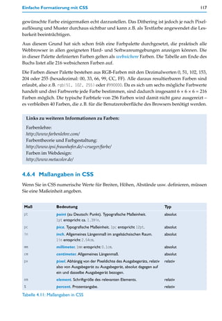 Einfache Formatierung mit CSS                                                                  117


gewünschte Farbe einigermaßen echt darzustellen. Das Dithering ist jedoch je nach Pixel-
auflösung und Muster durchaus sichtbar und kann z.B. als Textfarbe angewendet die Les-
barkeit beeinträchtigen.

Aus diesem Grund hat sich schon früh eine Farbpalette durchgesetzt, die praktisch alle
Webbrowser in allen geeigneten Hard- und Softwareumgebungen anzeigen können. Die
in dieser Palette definierten Farben gelten als websichere Farben. Die Tabelle am Ende des
Buchs listet alle 216 websicheren Farben auf.

Die Farben dieser Palette bestehen aus RGB-Farben mit den Dezimalwerten 0, 51, 102, 153,
204 oder 255 (hexadezimal: 00, 33, 66, 99, CC, FF). Alle daraus resultierbaren Farben sind
erlaubt, also z.B. rgb(51, 102, 255) oder #990000. Da es sich um sechs mögliche Farbwerte
handelt und drei Farbwerte jede Farbe bestimmen, sind dadurch insgesamt 6 × 6 × 6 = 216
Farben möglich. Die typische Farbtiefe von 256 Farben wird damit nicht ganz ausgereizt –
es verbleiben 40 Farben, die z.B. für die Benutzeroberfläche des Browsers benötigt werden.


    Links zu weiteren Informationen zu Farben:

    Farbenlehre:
    http://www.farbenlehre.com/
    Farbentheorie und Farbgestaltung:
    http://www.ipsi.fraunhofer.de/~crueger/farbe/
    Farben im Webdesign:
    http://www.metacolor.de/


4.6.4 Maßangaben in CSS
Wenn Sie in CSS numerische Werte für Breiten, Höhen, Abstände usw. definieren, müssen
Sie eine Maßeinheit angeben.


Maß                 Bedeutung                                                        Typ
pt                  point (zu Deutsch: Punkt). Typografische Maßeinheit.             absolut
                    1pt entspricht ca. 1.39in.
pc                  pica. Typografische Maßeinheit. 1pc entspricht 12pt.             absolut
in                  inch. Allgemeines Längenmaß im angelsächsischen Raum.            absolut
                    1in entspricht 2.54cm.
mm                  millimeter. 1mm entspricht 0.1cm.                                absolut
cm                  centimeter. Allgemeines Längenmaß.                               absolut
px                  pixel. Abhängig von der Pixeldichte des Ausgabegeräts, relativ   relativ
                    also von Ausgabegerät zu Ausgabegerät, absolut dagegen auf
                    ein und dasselbe Ausgabegerät bezogen.
em                  element. Schriftgröße des relevanten Elements.                   relativ
%                   percent. Prozentangabe.                                          relativ
Tabelle 4.11: Maßangaben in CSS
 