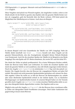 158                                                         4   Basiswissen HTML und CSS


CSS-Eigenschaft width geeignet. Alternativ sind auch Definitionen mit min-width oder max-
width möglich.

Diese Vorgaben sind jedoch nur Wunschvorgaben, die eingehalten werden, sofern es der
Inhalt erlaubt. Ist der Inhalt so geartet, dass Spalten oder die gesamte Tabelle breiter wer-
den als vorgegeben, geht die Kontrolle über die Breite verloren. CSS bietet jedoch die
Möglichkeit das Tabellenlayout zu fixieren. Auch dazu ein Beispiel:

      <table border="1" style="width:100%; table-layout:fixed;
                               border-collapse:collapse">
         <tr>
            <td style="width:15%; overflow:hidden; font-size:18px">
               1+2+3+4+5+6+7+8+9+10+11+12+13+14+15+16+17+18+19+20
            </td>
            <td style="width:30%; overflow:hidden; font-size:18px">
               1+2+3+4+5+6+7+8+9+10+11+12+13+14+15+16+17+18+19+20
            </td>
            <td style="width:55%; overflow:hidden; font-size:18px">
               1+2+3+4+5+6+7+8+9+10+11+12+13+14+15+16+17+18+19+20
            </td>
      </tr>
      </table>

In diesem Beispiel wird eine Gesamtbreite der Tabelle von 100% festgelegt. Steht die
Tabelle direkt innerhalb von <body> ... </body>, bezieht sich diese Angabe auf die
gesamte Dokumentbreite, also das Anzeigefenster abzüglich kleiner Default-Abstände
vom Fensterrand. Auch für die einzelnen Spalten der Tabelle ist im Beispiel je eine Breite
festgelegt: Die erste Spalte soll 15% Breite einnehmen, die zweite 30% und die dritte 55%.

Der Inhalt der Zellen ist jedoch problematisch. Da er keine Whitespace-Zeichen enthält,
findet der Browser keine Stelle zum Umbrechen. Er würde die einzelnen Spalten und
damit die gesamte Tabelle so weit ausdehnen, dass alle Inhalte angezeigt werden können.
Durch die Angabe table-layout:fixed im einleitenden <table>-Tag wird dies jedoch ver-
hindert. Die Angabe bewirkt, dass der Browser die vorgegebenen Breiten auf jeden Fall
einhält. Was jedoch mit nicht passenden Spalteninhalten geschehen soll, müssen Sie eben-
falls angeben. Geben Sie nichts an, so hält der Browser die Breitenangaben ein, schiebt
aber einen überbreiten Spalteninhalt einfach in die nächste Spalte, was zu hässlichen
Überlappungen von Spalteninhalten kommt. In unserem Beispiel haben wir die Variante
gewählt, durch Angabe von overflow:hidden in den einzelnen Tabellenzellen dafür zu sor-
gen, dass übergroße Inhalte abgeschnitten werden. Das Ergebnis sieht so aus:

Möglich wäre auch die Angabe overflow:scroll, die den Browser dazu veranlassen sollte,
in Zellen mit übergroßem Inhalt Scrollleisten anzuzeigen. Doch leider funktioniert das
gegenwärtig in kaum einem Browser.
 