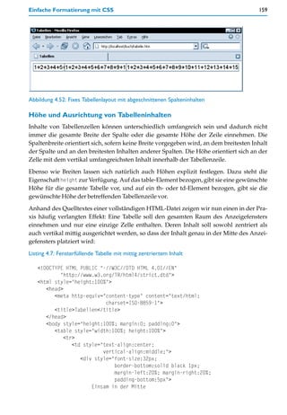 Einfache Formatierung mit CSS                                                           159




Abbildung 4.52: Fixes Tabellenlayout mit abgeschnittenen Spalteninhalten

Höhe und Ausrichtung von Tabelleninhalten
Inhalte von Tabellenzellen können unterschiedlich umfangreich sein und dadurch nicht
immer die gesamte Breite der Spalte oder die gesamte Höhe der Zeile einnehmen. Die
Spaltenbreite orientiert sich, sofern keine Breite vorgegeben wird, an dem breitesten Inhalt
der Spalte und an den breitesten Inhalten anderer Spalten. Die Höhe orientiert sich an der
Zelle mit dem vertikal umfangreichsten Inhalt innerhalb der Tabellenzeile.

Ebenso wie Breiten lassen sich natürlich auch Höhen explizit festlegen. Dazu steht die
Eigenschaft height zur Verfügung. Auf das table-Element bezogen, gibt sie eine gewünschte
Höhe für die gesamte Tabelle vor, und auf ein th- oder td-Element bezogen, gibt sie die
gewünschte Höhe der betreffenden Tabellenzeile vor.

Anhand des Quelltextes einer vollständigen HTML-Datei zeigen wir nun einen in der Pra-
xis häufig verlangten Effekt: Eine Tabelle soll den gesamten Raum des Anzeigefensters
einnehmen und nur eine einzige Zelle enthalten. Deren Inhalt soll sowohl zentriert als
auch vertikal mittig ausgerichtet werden, so dass der Inhalt genau in der Mitte des Anzei-
gefensters platziert wird:

Listing 4.7: Fensterfüllende Tabelle mit mittig zentriertem Inhalt

   <!DOCTYPE HTML PUBLIC "-//W3C//DTD HTML 4.01//EN"
           "http://www.w3.org/TR/html4/strict.dtd">
   <html style="height:100%">
      <head>
         <meta http-equiv="content-type" content="text/html;
                            charset=ISO-8859-1">
         <title>Tabellen</title>
      </head>
      <body style="height:100%; margin:0; padding:0">
         <table style="width:100%; height:100%">
             <tr>
                <td style="text-align:center;
                           vertical-align:middle;">
                   <div style="font-size:32px;
                               border-bottom:solid black 1px;
                               margin-left:20%; margin-right:20%;
                               padding-bottom:5px">
                       Einsam in der Mitte
 