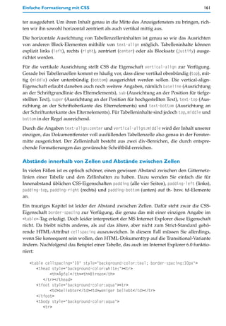 Einfache Formatierung mit CSS                                                            161


ter ausgedehnt. Um ihren Inhalt genau in die Mitte des Anzeigefensters zu bringen, rich-
ten wir ihn sowohl horizontal zentriert als auch vertikal mittig aus.

Die horizontale Ausrichtung von Tabellenzelleninhalten ist genau so wie das Ausrichten
von anderen Block-Elementen mithilfe von text-align möglich. Tabelleninhalte können
explizit links (left), rechts (right), zentriert (center) oder als Blocksatz (justify) ausge-
richtet werden.

Für die vertikale Ausrichtung stellt CSS die Eigenschaft vertical-align zur Verfügung.
Gerade bei Tabellenzellen kommt es häufig vor, dass diese vertikal obenbündig (top), mit-
tig (middle) oder untenbündig (bottom) ausgerichtet werden sollen. Die vertical-align-
Eigenschaft erlaubt daneben auch noch weitere Angaben, nämlich baseline (Ausrichtung
an der Schriftgrundlinie des Elternelements), sub (Ausrichtung an der Position für tiefge-
stellten Text), super (Ausrichtung an der Position für hochgestellten Text), text-top (Aus-
richtung an der Schriftoberkante des Elternelements) und text-bottom (Ausrichtung an
der Schriftunterkante des Elternelements). Für Tabelleninhalte sind jedoch top, middle und
bottom in der Regel ausreichend.

Durch die Angaben text-align:center und vertical-align:middle wird der Inhalt unserer
einzigen, das Dokumentfenster voll ausfüllenden Tabellenzelle also genau in der Fenster-
mitte ausgerichtet. Der Zelleninhalt besteht aus zwei div-Bereichen, die durch entspre-
chende Formatierungen das gewünschte Schriftbild erreichen.

Abstände innerhalb von Zellen und Abstände zwischen Zellen
In vielen Fällen ist es optisch schöner, einen gewissen Abstand zwischen den Gitternetz-
linien einer Tabelle und den Zellinhalten zu haben. Dazu wenden Sie einfach die für
Innenabstand üblichen CSS-Eigenschaften padding (alle vier Seiten), padding-left (links),
padding-top, padding-right (rechts) und padding-bottom (unten) auf th- bzw. td-Elemente
an.

Ein trauriges Kapitel ist leider der Abstand zwischen Zellen. Dafür steht zwar die CSS-
Eigenschaft border-spacing zur Verfügung, die genau das mit einer einzigen Angabe im
<table>-Tag erledigt. Doch leider interpretiert der MS Internet Explorer diese Eigenschaft
nicht. Da bleibt nichts anderes, als auf das ältere, aber nicht zum Strict-Standard gehö-
rende HTML-Attribut cellspacing auszuweichen. In diesem Fall müssen Sie allerdings,
wenn Sie konsequent sein wollen, den HTML-Dokumenttyp auf die Transitional-Variante
ändern. Nachfolgend das Beispiel einer Tabelle, das auch im Internet Explorer 6.0 funktio-
niert:

   <table cellspacing="10" style="background-color:teal; border-spacing:10px">
      <thead style="background-color:white;"><tr>
            <th>Äpfel</th><th>Birnen</th>
         </tr></thead>
      <tfoot style="background-color:aqua"><tr>
            <td>beliebter</td><td>weniger beliebt</td></tr>
      </tfoot>
      <tbody style="background-color:aqua">
         <tr>
 