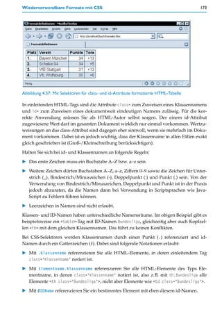 Wiederverwendbare Formate mit CSS                                                     173




Abbildung 4.57: Mit Selektoren für class- und id-Attribute formatierte HTML-Tabelle

In einleitenden HTML-Tags sind die Attribute class= zum Zuweisen eines Klassennamens
und id= zum Zuweisen eines dokumentweit eindeutigen Namens zulässig. Für die kor-
rekte Anwendung müssen Sie als HTML-Autor selbst sorgen. Der einem id-Attribut
zugewiesene Wert darf im gesamten Dokument wirklich nur einmal vorkommen. Wertzu-
weisungen an das class-Attribut sind dagegen eher sinnvoll, wenn sie mehrfach im Doku-
ment vorkommen. Dabei ist es jedoch wichtig, dass der Klassenname in allen Fällen exakt
gleich geschrieben ist (Groß-/Kleinschreibung berücksichtigen).

Halten Sie sich bei id- und Klassennamen an folgende Regeln:

    Das erste Zeichen muss ein Buchstabe A–Z bzw. a–z sein.
    Weitere Zeichen dürfen Buchstaben A–Z, a–z, Ziffern 0–9 sowie die Zeichen für Unter-
    strich (_), Bindestrich/Minuszeichen (-), Doppelpunkt (:) und Punkt (.) sein. Von der
    Verwendung von Bindestrich/Minuszeichen, Doppelpunkt und Punkt ist in der Praxis
    jedoch abzuraten, da die Namen dann bei Verwendung in Scriptsprachen wie Java-
    Script zu Fehlern führen können.

    Leerzeichen in Namen sind nicht erlaubt.

Klassen- und ID-Namen haben unterschiedliche Namensräume. Im obigen Beispiel gibt es
beispielsweise ein <table>-Tag mit ID-Namen Bundesliga, gleichzeitig aber auch Kopfzel-
len <th> mit dem gleichen Klassennamen. Das führt zu keinen Konflikten.

Bei CSS-Selektoren werden Klassennamen durch einen Punkt (.) referenziert und id-
Namen durch ein Gatterzeichen (#). Dabei sind folgende Notationen erlaubt:

    Mit .Klassenname referenzieren Sie alle HTML-Elemente, in deren einleitendem Tag
    class="Klassenname" notiert ist.

    Mit Elementname.Klassenname referenzieren Sie alle HTML-Elemente des Typs Ele-
    mentname, in denen class="Klassenname" notiert ist, also z.B. mit th.Bundesliga alle
    Elemente <th class="Bundesliga">, nicht aber Elemente wie <td class="Bundesliga">.

    Mit #IDName referenzieren Sie ein bestimmtes Element mit eben diesem id-Namen.
 