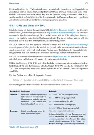 Hyperlinks                                                                                            179


Es ist nicht schwer, in HTML »einfach mal« ein paar Links zu notieren. Um Hyperlinks in
allen Fällen korrekt einzusetzen, sind jedoch Kenntnisse über den Aufbau von URIs erfor-
derlich. In diesem Abschnitt lernen Sie, wie Sie Quellen richtig adressieren, aber auch,
welche zusätzliche Möglichkeiten Sie dem Anwender in Zusammenhang mit Hyperlinks
anbieten können und wie Sie Links optisch ansprechend gestalten.


4.8.1 URIs und Links in HTML
Möglicherweise ist Ihnen das Akronym URL (Uniform Resource Locator – zu Deutsch:
einheitlicher Quellenorter) geläufiger als URI (Universal Resource Identifier – zu Deutsch:
universelle Quellenbezeichnung). Noch unbekannter dürfte URN (Uniform Resource
Name – zu Deutsch: einheitlicher Quellenname) sein. Um zu verstehen, was ein URI ist,
muss man jedoch alle drei Akronyme im Zusammenhang sehen.

Ein URN sieht aus wie eine typische »Internetadresse«, also z.B. http://www.example.org/
von-mir-persoenlich-erfunden/. Es handelt sich jedoch nicht um eine existierende Adresse,
sondern um einen »universell eindeutigen Namen«, der das Schema der Internetadressie-
rung benutzt, weil sich damit leicht universell eindeutige Namen erstellen lassen.

Ein URL ist eine existierende Internetadresse wie http://www.mut.de/. Insofern ist es ver-
ständlich, dass vielfach von URLs oder URL-Adressen die Rede ist.

URI ist der Überbegriff für URL und URN. Im Falle existierender Internetadressen bedeu-
tet URI und URL also durchaus das Gleiche. Wegen der URNs jedoch, die vor allem in der
XML-Welt eine gewisse Bedeutung haben, spricht die HTML-Spezifikation vorzugsweise
von URIs.

Für den Aufbau von URIs gilt folgendes Format:

   <Schema>://[<Benutzer>[:<Passwort>]@]<Server>[:<Port>]/<Pfad,...> ?<Anfrage>

Die nachfolgende Tabelle schlüsselt die Bestandteile dieses Formats auf:


 Bestandteil   Bedeutung                             Beispiele
 Schema        Bezeichnet ein Übertragungsproto-     http:// (HTTP-Übertragungsprotokoll)
               koll oder einen Internetdienst. Bei
                                                     ftp:// (FTP-Übertragungsprotokoll)
               Übertragungsprotokollen steht am
               Ende meist ://, bei Diensten ohne     mailto: (Internetdienst »E-Mail«)
               Protokollangabe oft nur ein :.        news: (Internetdienst »Newsgroups«)

                                                     telnet:// (Telnet-Übertragungsprotokoll)
 Benutzer      Enthält einen Benutzernamen für       http://orion:geheim@localhost/
               einen persönlichen Zugang.            In diesem Beispiel ist orion der Benutzername und
                                                     geheim das Passwort, um z.B. direkt eine durch
                                                     .htaccess geschützte Seite aufzurufen. Bitte jedoch
                                                     niemals öffentlich verwenden, da das Passwort im
                                                     Klartext übertragen und leicht ausspionierbar ist!
Tabelle 4.14: Bestandteile eines URI
 