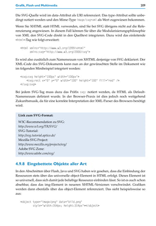 Grafik, Flash und Multimedia                                                             209


Die SVG-Quelle wird im data-Attribut als URI referenziert. Das type-Attribut sollte unbe-
dingt notiert werden und den Mime-Type image/svg+xml als Wert zugewiesen bekommen.

Wenn Sie XHTML statt HTML verwenden, sind Sie bei SVG übrigens nicht auf die Refe-
renzierung angewiesen. In diesem Fall können Sie über die Modularisierungsphilosophie
von XML den SVG-Code direkt in den Quelltext integrieren. Dazu wird das einleitende
<html>-Tag wie folgt erweitert:

   <html xmlns="http://www.w3.org/1999/xhtml"
         xmlns:svg="http://www.w3.org/2000/svg">

Es wird also zusätzlich zum Namensraum von XHTML derjenige von SVG deklariert. Der
XML-Code des SVG-Dokuments kann nun an der gewünschten Stelle im Dokument wie
im folgenden Minibeispiel integriert werden:

   <svg:svg height="100px" width="100px">
       <svg:rect x="0" y="0" width="100" height="100" fill="red" />
   </svg:svg>

Bei jedem SVG-Tag muss dazu das Präfix svg: notiert werden, da HTML als Default-
Namensraum definiert wurde. In der Browser-Praxis ist dies jedoch noch weitgehend
Zukunftsmusik, da für eine korrekte Interpretation der XML-Parser des Browsers benötigt
wird.


 Link zum SVG-Format:

 W3C-Recommendation zu SVG:
 http://www.w3.org/TR/SVG/
 SVG-Tutorial:
 http://svg.tutorial.aptico.de/
 Mozilla SVG Project:
 http://www.mozilla.org/projects/svg/
 Adobe SVG Zone:
 http://www.adobe.com/svg/


4.9.8 Eingebettete Objekte aller Art
In den Abschnitten über Flash, Java und SVG haben wir gesehen, dass die Einbindung der
Ressourcen stets über das universelle object-Element in HTML erfolgt. Dieses Element ist
so universell, dass sich damit jede beliebige Ressource einbinden lässt. So ist es auch schon
absehbar, dass das img-Element in neueren XHTML-Versionen verschwindet. Grafiken
werden dann ebenfalls über das object-Element referenziert. Das sieht beispielsweise so
aus:

   <object type="image/png" data="bild.png"
           style="width:354px; height:314px"></object>
 