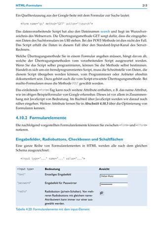 HTML-Formulare                                                                       213


Ein Quelltextauszug aus der Google-Seite mit dem Formular zur Suche lautet:

   <form name="gs" method="GET" action="/search">

Das datenverarbeitende Script hat also den Dateinamen search und liegt im Wurzelver-
zeichnis des Webservers. Die Übertragungsmethode GET sorgt dafür, dass die eingegebe-
nen Daten des Suchformulars im URI stehen. Bei der POST-Methode ist dies nicht der Fall.
Das Script erhält die Daten in diesem Fall über den Standard-Input-Kanal des Server-
Rechners.
Welche Übertragungsmethode Sie in einem Formular angeben müssen, hängt davon ab,
welche der Übertragungsmethoden vom verarbeitenden Script ausgewertet werden.
Wenn Sie das Script selber programmieren, können Sie die Methode selbst bestimmen.
Handelt es sich um ein fremdprogrammiertes Script, muss die Schnittstelle von Daten, die
diesem Script übergeben werden können, vom Programmierer oder Anbieter ohnehin
dokumentiert sein. Dazu gehört auch die vom Script erwartete Übertragungsmethode. Bei
mailto-Formularen muss die Methode POST gewählt werden.

Das einleitende <form>-Tag kann noch weitere Attribute enthalten, z.B. das name-Attribut,
wie im obigen Beispielformular von Google erkennbar. Dieses ist vor allem in Zusammen-
hang mit JavaScript von Bedeutung. Im Buchteil über JavaScript werden wir darauf noch
näher eingehen. Weitere Attribute lernen Sie in Abschnitt 4.10.3 über die Optimierung von
Formularen kennen.


4.10.2 Formularelemente
Die nachfolgend vorgestellten Formularelemente können Sie zwischen <form> und </form>
notieren.

Eingabefelder, Radiobuttons, Checkboxen und Schaltflächen
Eine ganze Reihe von Formularelementen in HTML werden alle nach dem gleichen
Schema ausgezeichnet:

   <input type="..." name="..." value="...">


<input type=        Bedeutung                                  Ansicht
"text"              Einzeiliges Eingabefeld

"password"          Eingabefeld für Passwörter

"radio"             Radiobutton (ja/nein-Schalter). Von meh-
                    reren Radiobuttons mit gleichem name-
                    Attributwert kann immer nur einer aus-
                    gewählt werden.
Tabelle 4.20: Formularelemente mit dem input-Element
 