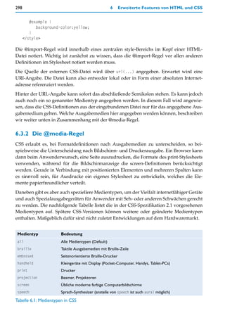 298                                                 6      Erweiterte Features von HTML und CSS


         #example {
            background-color:yellow;
         }
      </style>

Die @import-Regel wird innerhalb eines zentralen style-Bereichs im Kopf einer HTML-
Datei notiert. Wichtig ist zunächst zu wissen, dass die @import-Regel vor allen anderen
Definitionen im Stylesheet notiert werden muss.

Die Quelle der externen CSS-Datei wird über url(...) angegeben. Erwartet wird eine
URI-Angabe. Die Datei kann also entweder lokal oder in Form einer absoluten Internet-
adresse referenziert werden.

Hinter der URL-Angabe kann sofort das abschließende Semikolon stehen. Es kann jedoch
auch noch ein so genannter Medientyp angegeben werden. In diesem Fall wird angewie-
sen, dass die CSS-Definitionen aus der eingebundenen Datei nur für das angegebene Aus-
gabemedium gelten. Welche Ausgabemedien hier angegeben werden können, beschreiben
wir weiter unten in Zusammenhang mit der @media-Regel.


6.3.2 Die @media-Regel
CSS erlaubt es, bei Formatdefinitionen nach Ausgabemedien zu unterscheiden, so bei-
spielsweise die Unterscheidung nach Bildschirm- und Druckerausgabe. Ein Browser kann
dann beim Anwenderwunsch, eine Seite auszudrucken, die Formate des print-Stylesheets
verwenden, während für die Bildschirmanzeige die screen-Definitionen berücksichtigt
werden. Gerade in Verbindung mit positionierten Elementen und mehreren Spalten kann
es sinnvoll sein, für Ausdrucke ein eigenes Stylesheet zu entwickeln, welches die Ele-
mente papierfreundlicher verteilt.

Daneben gibt es aber auch speziellere Medientypen, um der Vielfalt internetfähiger Geräte
und auch Spezialausgabegeräten für Anwender mit Seh- oder anderen Schwächen gerecht
zu werden. Die nachfolgende Tabelle listet die in der CSS-Spezifikation 2.1 vorgesehenen
Medientypen auf. Spätere CSS-Versionen können weitere oder geänderte Medientypen
enthalten. Maßgeblich dafür sind nicht zuletzt Entwicklungen auf dem Hardwaremarkt.


 Medientyp             Bedeutung
 all                   Alle Medientypen (Default)
 braille               Taktile Ausgabemedien mit Braille-Zeile
 embossed              Seitenorientierte Braille-Drucker
 handheld              Kleingeräte mit Display (Pocket-Computer, Handys, Tablet-PCs)
 print                 Drucker
 projection            Beamer, Projektoren
 screen                Übliche moderne farbige Computerbildschirme
 speech                Sprach-Synthesizer (anstelle von speech ist auch aural möglich)
Tabelle 6.1: Medientypen in CSS
 