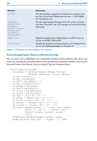 354                                                             7   Basiswissen JavaScript/DOM


Methode                          Bedeutung
setTime()                        Setzt den kompletten gespeicherten Zeitpunkt neu. Erwartet wird
                                 eine Zahl, die als Anzahl Millisekunden seit dem 1.1.1970, 0:00:00
                                 Uhr interpretiert wird.
setUTCDate()                     Wie die entsprechenden Methoden ohne UTC, jedoch auf Green-
setUTCFullYear()                 wich Mean Time (GMT oder UTC) bezogen und nicht auf die lokale
setUTCHours()                    Rechnerzeit.
setUTCMilliseconds()
setUTCMinutes()
setUTCMonth()
setUTCSeconds()
toGMTString()                    Wandelt den gespeicherten Objektzeitpunkt ins IETF-Format um,
                                 z.B. Sat, 5 Feb 2005 12:09:36 GMT.
toLocalString()                  Wandelt den gespeicherten Objektzeitpunkt in ein lokalisiertes For-
                                 mat um, das umgebungsabhängig vom Anwender ist.
Tabelle 7.7: Methoden des Date-Objekts (Fortsetzung)

Anwendungsbeispiel: Datums-/Uhrzeit-Anzeige
Wir erweitern die in Abschnitt 7.2.3 vorgestellte Funktion dahin gehend, dass diese nun
nicht nur einmalig das aktuelle Datum in ein gewünschtes Element schreibt, sondern jede
Sekunde Datum und Uhrzeit. Der JavaScript-Code der Funktion lautet:

      function show_clock(id_name) {
         var weekdays = new Array("Sonntag","Montag","Dienstag",
                         "Mittwoch","Donnerstag","Freitag","Samstag");
         var now = new Date();
         var day = now.getDate();
         var month = now.getMonth() + 1;
         var year = now.getFullYear();
         var weekday = now.getDay();
         var hours = now.getHours();
         var minutes = now.getMinutes();
         var seconds = now.getSeconds();
         var day0 = ((day < 10) ? "0" : "");
         var month0 = ((month < 10) ? ".0" : ".");
         var hours0 = ((hours < 10) ? "0" : "");
         var minutes0 = ((minutes < 10) ? ".0" : ":");
         var seconds0 = ((seconds < 10) ? ".0" : ":");
         var output = weekdays[weekday] + ", " + day0 + day + month0 +
                      month + "." + year + ", " + hours0 + hours +
                      minutes0 + minutes + seconds0 + seconds +
                      " Uhr";
         document.getElementById(id_name).innerHTML = output;
         window.setTimeout("show_clock('" + id_name + "')", 1000);
      }
 