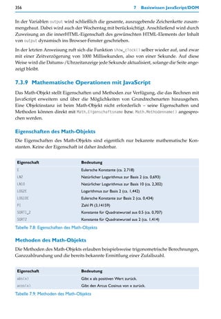 356                                                              7      Basiswissen JavaScript/DOM


In der Variablen output wird schließlich die gesamte, auszugebende Zeichenkette zusam-
mengebaut. Dabei wird auch der Wochentag mit berücksichtigt. Anschließend wird durch
Zuweisung an die innerHTML-Eigenschaft des gewünschten HTML-Elements der Inhalt
von output dynamisch ins Browser-Fenster geschrieben.

In der letzten Anweisung ruft sich die Funktion show_clock() selber wieder auf, und zwar
mit einer Zeitverzögerung von 1000 Millisekunden, also von einer Sekunde. Auf diese
Weise wird die Datums-/Uhrzeitanzeige jede Sekunde aktualisiert, solange die Seite ange-
zeigt bleibt.


7.3.9 Mathematische Operationen mit JavaScript
Das Math-Objekt stellt Eigenschaften und Methoden zur Verfügung, die das Rechnen mit
JavaScript erweitern und über die Möglichkeiten von Grundrechenarten hinausgehen.
Eine Objektinstanz ist beim Math-Objekt nicht erforderlich – seine Eigenschaften und
Methoden können direkt mit Math.Eigenschaftsname bzw. Math.Methodenname() angespro-
chen werden.

Eigenschaften des Math-Objekts
Die Eigenschaften des Math-Objekts sind eigentlich nur bekannte mathematische Kon-
stanten. Keine der Eigenschaft ist daher änderbar.


 Eigenschaft                      Bedeutung
 E                                Eulersche Konstante (ca. 2.718)
 LN2                              Natürlicher Logarithmus zur Basis 2 (ca. 0,693)
 LN10                             Natürlicher Logarithmus zur Basis 10 (ca. 2,302)
 LOG2E                            Logarithmus zur Basis 2 (ca. 1,442)
 LOG10E                           Eulersche Konstante zur Basis 2 (ca. 0,434)
 PI                               Zahl PI (3,14159)
 SQRT1_2                          Konstante für Quadratwurzel aus 0.5 (ca. 0,707)
 SQRT2                            Konstante für Quadratwurzel aus 2 (ca. 1,414)
Tabelle 7.8: Eigenschaften des Math-Objekts

Methoden des Math-Objekts
Die Methoden des Math-Objekts erlauben beispielsweise trigonometrische Berechnungen,
Ganzzahlrundung und die bereits bekannte Ermittlung einer Zufallszahl.


 Eigenschaft                      Bedeutung
 abs(x)                           Gibt x als positiven Wert zurück.
 acos(x)                          Gibt den Arcus Cosinus von x zurück.
Tabelle 7.9: Methoden des Math-Objekts
 