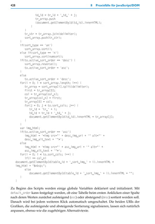 428                                                    8   Praxisfälle für JavaScript/DOM


                  td_id = tr_id + '_td_' + j;
                  tr_array.push
                  (document.getElementById(td_id).innerHTML);
               }
           }
           tr_str = tr_array.join(delimiter);
           sort_array.push(tr_str);
         }
         if(sort_type == 'an')
            sort_array.sort();
         else if(sort_type == 'n')
            sort_array.sort(numsort);
         if(to.active_sort_order == 'desc') {
            sort_array.reverse();
            to.active_sort_order = 'asc';
         }
         else
            to.active_sort_order = 'desc';
         for(i = 0; i < sort_array.length; i++) {
            tr_array = sort_array[i].split(delimiter);
            first = tr_array[0];
            col = tr_array[col_n];
            tr_array[col_n] = first;
            tr_array[0] = col;
            for(j = 0; j < to.sort_cols; j++) {
               tr_id = 'tr_' + i;
               td_id = tr_id + '_td_' + j;
               document.getElementById(td_id).innerHTML = tr_array[j];
            }
         }
         var img_html;
         if(to.active_sort_order == 'asc')
            img_html = '<img src="' + desc_img_uri + '" alt="' +
            desc_img_alt_text + '">';
         else
            img_html = '<img src="' + asc_img_uri + '" alt="' +
            asc_img_alt_text + '">';
         for(i = 0; i < to.sort_cols; i++) {
            if(i == col_n)
      document.getElementById(table_id + '_sort_img_' + i).innerHTML =
      img_html + "&nbsp;";
            else
               document.getElementById(table_id + '_sort_img_' + i).innerHTML = "";
         }
      }

Zu Beginn des Scripts werden einige globale Variablen deklariert und initialisiert. Mit
default_order kann festgelegt werden, ob eine Tabelle beim ersten Anklicken einer Spalte
nach deren Werten zunächst aufsteigend (asc) oder absteigend (desc) sortiert werden soll.
Danach wird bei jedem weiteren Klick automatisch umgeschaltet. Die beiden URIs der
Grafiken, die aufsteigende und absteigende Sortierung signalisieren, lassen sich natürlich
anpassen, ebenso wie die zugehörigen Alternativtexte.
 