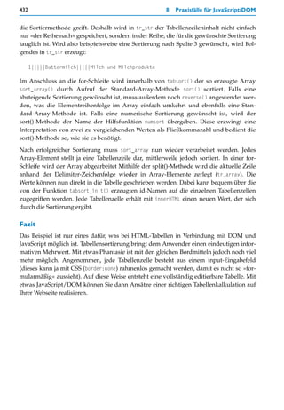 432                                                     8   Praxisfälle für JavaScript/DOM


die Sortiermethode greift. Deshalb wird in tr_str der Tabellenzeileninhalt nicht einfach
nur »der Reihe nach« gespeichert, sondern in der Reihe, die für die gewünschte Sortierung
tauglich ist. Wird also beispielsweise eine Sortierung nach Spalte 3 gewünscht, wird Fol-
gendes in tr_str erzeugt:

      1|||||Buttermilch|||||Milch und Milchprodukte

Im Anschluss an die for-Schleife wird innerhalb von tabsort() der so erzeugte Array
sort_array() durch Aufruf der Standard-Array-Methode sort() sortiert. Falls eine
absteigende Sortierung gewünscht ist, muss außerdem noch reverse() angewendet wer-
den, was die Elementreihenfolge im Array einfach umkehrt und ebenfalls eine Stan-
dard-Array-Methode ist. Falls eine numerische Sortierung gewünscht ist, wird der
sort()-Methode der Name der Hilfsfunktion numsort übergeben. Diese erzwingt eine
Interpretation von zwei zu vergleichenden Werten als Fließkommazahl und bedient die
sort()-Methode so, wie sie es benötigt.

Nach erfolgreicher Sortierung muss sort_array nun wieder verarbeitet werden. Jedes
Array-Element stellt ja eine Tabellenzeile dar, mittlerweile jedoch sortiert. In einer for-
Schleife wird der Array abgearbeitet Mithilfe der split()-Methode wird die aktuelle Zeile
anhand der Delimiter-Zeichenfolge wieder in Array-Elemente zerlegt (tr_array). Die
Werte können nun direkt in die Tabelle geschrieben werden. Dabei kann bequem über die
von der Funktion tabsort_init() erzeugten id-Namen auf die einzelnen Tabellenzellen
zugegriffen werden. Jede Tabellenzelle erhält mit innerHTML einen neuen Wert, der sich
durch die Sortierung ergibt.

Fazit
Das Beispiel ist nur eines dafür, was bei HTML-Tabellen in Verbindung mit DOM und
JavaScript möglich ist. Tabellensortierung bringt dem Anwender einen eindeutigen infor-
mativen Mehrwert. Mit etwas Phantasie ist mit den gleichen Bordmitteln jedoch noch viel
mehr möglich. Angenommen, jede Tabellenzelle besteht aus einem input-Eingabefeld
(dieses kann ja mit CSS (border:none) rahmenlos gemacht werden, damit es nicht so »for-
mularmäßig« aussieht). Auf diese Weise entsteht eine vollständig editierbare Tabelle. Mit
etwas JavaScript/DOM können Sie dann Ansätze einer richtigen Tabellenkalkulation auf
Ihrer Webseite realisieren.
 
