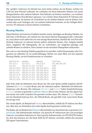 438                                                            9   Hosting und Webserver


Die »großen« Gateways im Internet tun auch nichts anderes als ein Router, welcher ein
LAN mit dem Internet verbindet. Sie verbinden ein ihnen bekanntes Subnetz mit einem
übergeordneten oder anderen Subnetz. Das bedeutet, sie können zuordnen, von welchem
ihnen bekannten Host-Rechner (genauer: von welcher ihnen bekannten IP-Adresse) eine
Anfrage kommt. Sie können sie weiterleiten an ein anderes Subnetz und sie können Ant-
worten oder auch Anfragen, die von anderen Subnetzen kommen, an die richtigen Rech-
ner bzw. IP-Adressen in ihrem Subnetz weiterleiten.

Routing-Tabellen
Damit Rechner mit Gateway-Funktion korrekt routen, benötigen sie Routing-Tabellen. Im
Fall eines LAN-Routers, der einfach nur mit einem Internet-Zugangsprovider verbunden
ist, muss dieser nach außen hin nur eine einzige Route kennen, nämlich die zum Provider.
Zentrale Gateways im Internet kennen jedoch zahlreiche Routen. Ihre Aufgabe besteht
darin, möglichst alle Datenpakete, die sie weiterleiten, auf möglichst günstige und
schnelle Routen zu schicken. Dazu müssen sie die einzelnen Datenpakete analysieren.

Wie und wo eine Routing-Tabelle gespeichert ist und über welche Kommandos oder Pro-
gramme sie editierbar ist, ist systemabhängig. Werfen wir einen Blick auf eine typische
Routing-Tabelle, um die Funktionsweise zu verstehen:

      Destination    Gateway          Netmask         Interface
      127.0.0.1      127.0.0.1        255.0.0.0       192.168.100.105
      0.0.0.0        149.211.17.212   0.0.0.0         eth0
      149.211.40.0   149.211.17.212   255.255.255.0   eth0
      149.211.32.0   149.211.17.212   255.255.255.0   eth0
      149.211.8.0    149.211.17.213   255.255.255.0   eth0
      149.211.17.0   149.211.17.213   255.255.255.0   eth0
      149.211.1.0    149.211.17.214   255.255.255.0   eth0
      149.211.18.0   149.211.17.215   255.255.255.0   eth0

Jede Zeile stellt die Definition einer Route dar. Die erste Spalte enthält mögliche Ziel-IP-
Adressen (Destination) einer Route, also die Adressen anderer »Bahnhöfe mit Stellwerk«
(Gateways oder Router). Die Adressen 127.0.0.1 und 0.0.0.0 haben Sonderbedeutung.
127.0.0.1 ist eine so genannte Loopback-Adresse. Das ist eine Adresse, die das eigene Sys-
tem meint, also nicht woanders hin geroutet werden muss. Die Adresse 0.0.0.0 bezeich-
net das Standard-Gateway bzw. die Default-Route, die gewählt wird, wenn keine Route
bevorzugt wird.

Die zweite Spalte, im Beispiel mit Gateway überschrieben, enthält die IP-Adresse des Rou-
ters, über den zur Zieladresse der ersten Spalte durch geroutet werden kann.

Die Spalte, die im Beispiel mit Netmask überschrieben ist, bezeichnet die so genannte Sub-
netzmaske. Die Subnetzmaske definiert, wie groß der IP-Adressraum des vom jeweiligen
Gateway verwalteten Subnetzes ist. Eine typische Subnetzmaske wie 255.255.255.0 bedeu-
tet, dass das Gateway nur die letzte Zahl der IP-Adresse verwaltet, mithin also maximal
255 eigene Unteradressen.
 