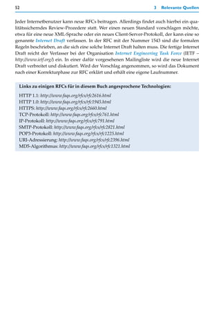 52                                                                   3   Relevante Quellen


Jeder Internetbenutzer kann neue RFCs beitragen. Allerdings findet auch hierbei ein qua-
litätssicherndes Review-Prozedere statt. Wer einen neuen Standard vorschlagen möchte,
etwa für eine neue XML-Sprache oder ein neues Client-Server-Protokoll, der kann eine so
genannte Internet Draft verfassen. In der RFC mit der Nummer 1543 sind die formalen
Regeln beschrieben, an die sich eine solche Internet Draft halten muss. Die fertige Internet
Draft reicht der Verfasser bei der Organisation Internet Engineering Task Force (IETF –
http://www.ietf.org/) ein. In einer dafür vorgesehenen Mailingliste wird die neue Internet
Draft verbreitet und diskutiert. Wird der Vorschlag angenommen, so wird das Dokument
nach einer Korrekturphase zur RFC erklärt und erhält eine eigene Laufnummer.


 Links zu einigen RFCs für in diesem Buch angesprochene Technologien:

 HTTP 1.1: http://www.faqs.org/rfcs/rfc2616.html
 HTTP 1.0: http://www.faqs.org/rfcs/rfc1945.html
 HTTPS: http://www.faqs.org/rfcs/rfc2660.html
 TCP-Protokoll: http://www.faqs.org/rfcs/rfc761.html
 IP-Protokoll: http://www.faqs.org/rfcs/rfc791.html
 SMTP-Protokoll: http://www.faqs.org/rfcs/rfc2821.html
 POP3-Protokoll: http://www.faqs.org/rfcs/rfc1225.html
 URI-Adressierung: http://www.faqs.org/rfcs/rfc2396.html
 MD5-Algorithmus: http://www.faqs.org/rfcs/rfc1321.html
 