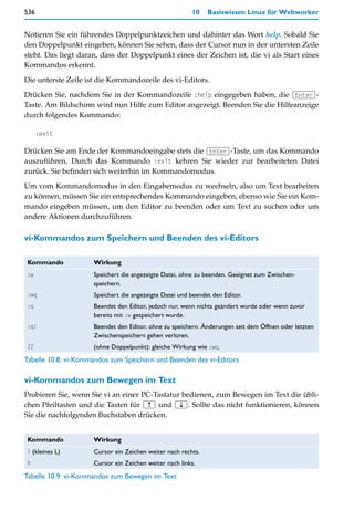 536                                                     10    Basiswissen Linux für Webworker


Notieren Sie ein führendes Doppelpunktzeichen und dahinter das Wort help. Sobald Sie
den Doppelpunkt eingeben, können Sie sehen, dass der Cursor nun in der untersten Zeile
steht. Das liegt daran, dass der Doppelpunkt eines der Zeichen ist, die vi als Start eines
Kommandos erkennt.

Die unterste Zeile ist die Kommandozeile des vi-Editors.

Drücken Sie, nachdem Sie in der Kommandozeile :help eingegeben haben, die (Enter)-
Taste. Am Bildschirm wird nun Hilfe zum Editor angezeigt. Beenden Sie die Hilfeanzeige
durch folgendes Kommando:

      :exit

Drücken Sie am Ende der Kommandoeingabe stets die (Enter)-Taste, um das Kommando
auszuführen. Durch das Kommando :exit kehren Sie wieder zur bearbeiteten Datei
zurück. Sie befinden sich weiterhin im Kommandomodus.

Um vom Kommandomodus in den Eingabemodus zu wechseln, also um Text bearbeiten
zu können, müssen Sie ein entsprechendes Kommando eingeben, ebenso wie Sie ein Kom-
mando eingeben müssen, um den Editor zu beenden oder um Text zu suchen oder um
andere Aktionen durchzuführen.

vi-Kommandos zum Speichern und Beenden des vi-Editors

Kommando             Wirkung
:w                   Speichert die angezeigte Datei, ohne zu beenden. Geeignet zum Zwischen-
                     speichern.
:wq                  Speichert die angezeigte Datei und beendet den Editor.
:q                   Beendet den Editor, jedoch nur, wenn nichts geändert wurde oder wenn zuvor
                     bereits mit :w gespeichert wurde.
:q!                  Beendet den Editor, ohne zu speichern. Änderungen seit dem Öffnen oder letzten
                     Zwischenspeichern gehen verloren.
ZZ                   (ohne Doppelpunkt): gleiche Wirkung wie :wq.
Tabelle 10.8: vi-Kommandos zum Speichern und Beenden des vi-Editors

vi-Kommandos zum Bewegen im Text
Probieren Sie, wenn Sie vi an einer PC-Tastatur bedienen, zum Bewegen im Text die übli-
chen Pfeiltasten und die Tasten für (½) und (¼). Sollte das nicht funktionieren, können
Sie die nachfolgenden Buchstaben drücken.


Kommando             Wirkung
l (kleines L)        Cursor ein Zeichen weiter nach rechts.
h                    Cursor ein Zeichen weiter nach links.
Tabelle 10.9: vi-Kommandos zum Bewegen im Text
 