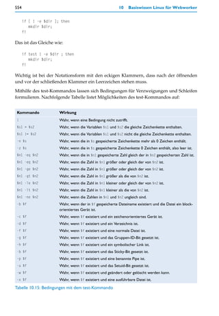 554                                                        10      Basiswissen Linux für Webworker


      if [ ! -e $dir ]; then
         mkdir $dir;
      fi

Das ist das Gleiche wie:

      if test ! -e $dir ; then
         mkdir $dir;
      fi

Wichtig ist bei der Notationsform mit den eckigen Klammern, dass nach der öffnenden
und vor der schließenden Klammer ein Leerzeichen stehen muss.

Mithilfe des test-Kommandos lassen sich Bedingungen für Verzweigungen und Schleifen
formulieren. Nachfolgende Tabelle listet Möglichkeiten des test-Kommandos auf:


Kommando               Wirkung
!                      Wahr, wenn eine Bedingung nicht zutrifft.
$s1 = $s2              Wahr, wenn die Variablen $s1 und $s2 die gleiche Zeichenkette enthalten.
$s1 != $s2             Wahr, wenn die Variablen $s1 und $s2 nicht die gleiche Zeichenkette enthalten.
-n $s                  Wahr, wenn die in $s gespeicherte Zeichenkette mehr als 0 Zeichen enthält.
-z $s                  Wahr, wenn die in $s gespeicherte Zeichenkette 0 Zeichen enthält, also leer ist.
$n1 -eq $n2            Wahr, wenn die in $n1 gespeicherte Zahl gleich der in $n2 gespeicherten Zahl ist.
$n1 -eq $n2            Wahr, wenn die Zahl in $n1 größer oder gleich der von $n2 ist.
$n1 -ge $n2            Wahr, wenn die Zahl in $n1 größer oder gleich der von $n2 ist.
$n1 -gt $n2            Wahr, wenn die Zahl in $n1 größer als die von $n2 ist.
$n1 -le $n2            Wahr, wenn die Zahl in $n1 kleiner oder gleich der von $n2 ist.
$n1 -lt $n2            Wahr, wenn die Zahl in $n1 kleiner als die von $n2 ist.
$n1 -ne $n2            Wahr, wenn die Zahlen in $n1 und $n2 ungleich sind.
-b $f                  Wahr, wenn der in $f gespeicherte Dateiname existiert und die Datei ein block-
                       orientiertes Gerät ist.
-c $f                  Wahr, wenn $f existiert und ein zeichenorientiertes Gerät ist.
-d $f                  Wahr, wenn $f existiert und ein Verzeichnis ist.
-f $f                  Wahr, wenn $f existiert und eine normale Datei ist.
-g $f                  Wahr, wenn $f existiert und das Gruppen-ID-Bit gesetzt ist.
-h $f                  Wahr, wenn $f existiert und ein symbolischer Link ist.
-b $f                  Wahr, wenn $f existiert und das Sticky-Bit gesetzt ist.
-p $f                  Wahr, wenn $f existiert und eine benannte Pipe ist.
-u $f                  Wahr, wenn $f existiert und das Setuid-Bit gesetzt ist.
-w $f                  Wahr, wenn $f existiert und geändert oder gelöscht werden kann.
-x $f                  Wahr, wenn $f existiert und eine ausführbare Datei ist.
Tabelle 10.15: Bedingungen mit dem test-Kommando
 