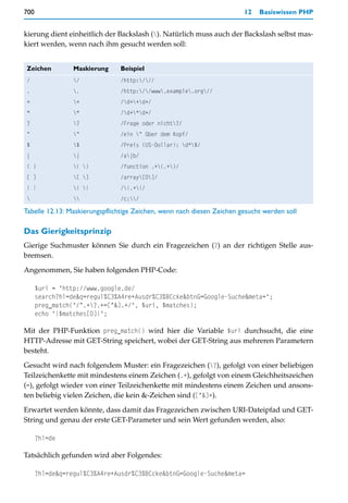 700                                                                     12   Basiswissen PHP


kierung dient einheitlich der Backslash (). Natürlich muss auch der Backslash selbst mas-
kiert werden, wenn nach ihm gesucht werden soll:


 Zeichen         Maskierung    Beispiel
 /               /            /http:///
 .               .            /http://www.example.org//
 +               +            /d++d+/
 *               *            /d+*d+/
 ?               ?            /Frage oder nicht?/
 ^               ^            /ein ^ über dem Kopf/
 $               $            /Preis (US-Dollar): d*$/
 |               |            /a|b/
 ( )             ( )         /function .+(.+)/
 [ ]             [ ]         /array[0]/
 { }             { }         /{.+}/
                            /c:/

Tabelle 12.13: Maskierungspflichtige Zeichen, wenn nach diesen Zeichen gesucht werden soll

Das Gierigkeitsprinzip
Gierige Suchmuster können Sie durch ein Fragezeichen (?) an der richtigen Stelle aus-
bremsen.

Angenommen, Sie haben folgenden PHP-Code:

      $uri = "http://www.google.de/
      search?hl=de&q=regul%C3%A4re+Ausdr%C3%BCcke&btnG=Google-Suche&meta=";
      preg_match("/^.+?.+=[^&].+/", $uri, $matches);
      echo "{$matches[0]}";

Mit der PHP-Funktion preg_match() wird hier die Variable $uri durchsucht, die eine
HTTP-Adresse mit GET-String speichert, wobei der GET-String aus mehreren Parametern
besteht.
Gesucht wird nach folgendem Muster: ein Fragezeichen (?), gefolgt von einer beliebigen
Teilzeichenkette mit mindestens einem Zeichen (.+), gefolgt von einem Gleichheitszeichen
(=), gefolgt wieder von einer Teilzeichenkette mit mindestens einem Zeichen und ansons-
ten beliebig vielen Zeichen, die kein &-Zeichen sind ([^&]+).

Erwartet werden könnte, dass damit das Fragezeichen zwischen URI-Dateipfad und GET-
String und genau der erste GET-Parameter und sein Wert gefunden werden, also:

      ?hl=de

Tatsächlich gefunden wird aber Folgendes:

      ?hl=de&q=regul%C3%A4re+Ausdr%C3%BCcke&btnG=Google-Suche&meta=
 