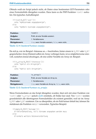 PHP-Funktionsüberblick                                                                  705


Oftmals weiß ein Script jedoch nicht, ob Daten eines bestimmten GET-Parameters oder
eines Formularfelds übergeben wurden. Dazu kann es die PHP-Funktion isset() aufru-
fen. Ein typisches Aufrufbeispiel:

   if(isset($_GET['user']))
     echo "<p>Username angegeben</p>";
   else
     echo "<p>Kein Username angegeben</p>";


 Funktion:                 isset()

 Aufgabe:                  Prüft, ob eine Variable existiert.
 Parameter:                1. Variablenname.
 Rückgabewert:             true, wenn Variable existiert, false, wenn nicht.

Tabelle 12.14: Steckbrief Funktion »isset()«

Da sich ja, wie im Beispiel »Interesse an...« beschrieben, hinter einem in $_POST oder $_GET
gespeicherten Array-Element selbst ein Array verbergen kann, ist es möglicherweise sinn-
voll, zunächst einmal abzufragen, ob eine solche Variable ein Array ist. Beispiel:

   if(is_array($_POST['Interesse']))
     echo "<p>ist ein Array</p>";
   else
     echo "<p>ist kein Array</p>";


 Funktion:                 is_array()

 Aufgabe:                  Prüft, ob eine Variable ein Array ist.
 Parameter:                1. Variablenname.
 Rückgabewert:             true, wenn Variable ein Array ist, false, wenn nicht.

Tabelle 12.15: Steckbrief Funktion »is_array()«

Wenn Formulardaten an das Script übergeben wurden, lässt sich mit einer Funktion wie
isset() oder is_array() jedoch nicht ermitteln, ob Felder leer sind. Von isset() werden
grundsätzlich alle übertragenen Formularfelder als existent gemeldet, weil sie im Array
$_POST oder $_GET existieren. Um zu überprüfen, ob ein Feld keinen Inhalt hat, können Sie
stattdessen die Funktion empty() verwenden. Typisches Beispiel:

   if(empty($_POST['Vorname']))
     # Fehlerbehandlung, falls Vorname angegeben werden muss
   else
     # normale weitere Datenverarbeitung
 