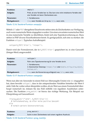 706                                                                                12    Basiswissen PHP


 Funktion:                empty()

 Aufgabe:                 Prüft, ob eine Variable leer ist. Das kann eine nicht initialisierte Variable oder
                          eine Variable mit leerer Zeichenkette sein.
 Parameter:               1. Variablenname.
 Rückgabewert:            true, wenn Variable ein Array ist, false, wenn nicht.

Tabelle 12.16: Steckbrief Funktion »empty()«

Mittels GET oder POST übergebene Einzelwerte stehen stets als Zeichenketten zur Verfügung,
auch wenn numerische Werte eingegeben wurden. Um einen erwarteten numerischen Wert
in eine numerische Variable zu überführen, bietet sich eine Typenkonvertierung an. Dazu
stehen in PHP diverse Einzelfunktionen bereit. Es genügt jedoch, sich eine zu merken: die
Funktion settype(). Typisches Aufrufbeispiel:

      settype($_POST['Alter'], "integer");

Damit wird der Formularwert, der in $_POST['Alter'] gespeichert ist, in eine Ganzzahl
(Integer-Wert) umgewandelt.


 Funktion:                settype()

 Aufgabe:                 Führt eine Typenkonvertierung für eine Variable durch.
 Parameter:               1. Variablenname.
                          2. Gewünschter Datentyp: integer, float oder double, string, array, object,
                          boolean, null.
 Rückgabewert:            true, wenn die Konvertierung erfolgreich war, false, wenn nicht.

Tabelle 12.17: Steckbrief Funktion »settype()«

Wenn nun aber ein Anwender in einem Feld zur Altersangabe Unsinn wie abc eingegeben
hat, dann bewirkt settype(), dass in der entsprechenden Variablen hinterher der Wert 0
steht. Falls Sie vorher schon überprüfen wollen, ob ein Wert aus einem Formularfeld über-
haupt numerisch ist, müssen Sie das Feld mithilfe von regulären Ausdrücken unter-
suchen. Die Funktion preg_match() ist hierzu das richtige Werkzeug. Ein Beispiel zur
Überprüfung auf Ganzzahlwert:

      if(preg_match("/^d+$/", $_POST['Alter']))
        # Fehlerbehandlung, da Alter keine positive Ganzzahl
      else
        # normale weitere Datenverarbeitung


 Funktion:                preg_match()

 Aufgabe:                 Sucht in einer Zeichenkette nach einem regulären Ausdruck.
Tabelle 12.18: Steckbrief Funktion »preg_match()«
 