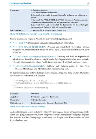 PHP-Funktionsüberblick                                                                                707


 Parameter:                1. Regulärer Ausdruck.
                           2. Zu durchsuchende Zeichenkette.
                           3. (optional) Arrayvariable für ersten Suchtreffer und gemerkte geklammerte
                           Inhalte.
                           4. (optional) Flag PREG_OFFSET_CAPTURE, das auch die Position des ersten
                           Treffers in der Zeichenkette in der Arrayvariablen mit speichert.
                           5. (optional) Position, ab der innerhalb der Zeichenkette mit der Suche begon-
                           nen werden soll. Default ist 0 für »ab erstem Zeichen«.
 Rückgabewert:             1, wenn die Suche erfolgreich war, 0, wenn nicht.

Tabelle 12.18: Steckbrief Funktion »preg_match()« (Fortsetzung)

Andere interessante reguläre Ausdrücke zur Formatüberprüfung sind:

    "/^[-+]?d+$/": Prüfung auf Ganzzahl mit eventuellem Vorzeichen.

    "/^[-+]?[0-9]*.[0-9]+|[0-9]+$/": Prüfung auf Float-Zahl. Vorzeichen können
    möglich sein. Dezimalzeichen muss ein Punkt sein, Ganzzahlen werden jedoch auch
    akzeptiert.

    "/^[-+]?[0-9]*.?[0-9]+[eE][-+]?[0-9]+?$/": Prüfung auf Zahl in Exponential-
    schreibweise. Vorzeichen können möglich sein. Das Exponentialzeichen kann »e« oder
    »E« sein. Dezimalzeichen ist der Punkt. Ganzzahlen werden jedoch auch akzeptiert.

    "/^d{1,2}.d{1,2}.dddd$/": Prüfung auf Datumseingabe in der Form
    TT.MM.JJJJ. Monatstage und Monate dürfen auch einstellig sein.

Bei Zeichenketten aus textarea-Feldern kann auch die Länge eine Rolle spielen. Diese lässt
sich mit strlen() ermitteln. Ein Beispiel:

   if(strlen($_POST['Mssage']) > 10000)
     # Fehlerbehandlung, da die Nachricht mehr als 10000 Byte hat
   else
     # normale weitere Datenverarbeitung


 Funktion:                 strlen()

 Aufgabe:                  Ermittelt die Länge einer Zeichnkette.
 Parameter:                1. Die Zeichenkette.
 Rückgabewert:             Zurückgegeben wird die Anzahl Zeichen als Zahl.
Tabelle 12.19: Steckbrief Funktion »strlen()«

Machen Sie sich die Mühe, mittels GET oder POST übertragene Daten genauestens zu analy-
sieren. Das gilt ganz besonders, wenn aufgrund solcher Daten sensible Vorgänge angesto-
ßen werden, wie Bezahlvorgänge, Ausführen von Scripts oder Kommandos auf dem
Server-Rechner usw.
 