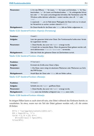 PHP-Funktionsüberblick                                                                                    711


 Parameter:                2. Art des Öffnens: "r" für Lesen, "r+" für Lesen und Schreiben, "w" für Neu-
                           beschreiben, "w+" für Lesen und Neubeschreiben, "a" für anhängendes Schrei-
                           ben oder "a+" für Lesen und anhängendes Schreiben. Bei Textdateien unter MS
                           Windows sollte dahinter außerdem b notiert werden, also z.B. "rb" oder
                           "r+b".
                           2. (optional) '1', um im Falle keiner Pfadangabe die Datei nicht nur im aktuel-
                           len Verzeichnis zu suchen, sondern überall in $PATH.
 Rückgabewert:             Ein Datei-Handle für die Datei oder false, falls ein Fehler aufgetreten ist.
Tabelle 12.25: Steckbrief Funktion »fopen()« (Fortsetzung)

 Funktion:                 fread()

 Aufgabe:                  Liest den gesamten Inhalt einer Datei. Der Funktionsaufruf sollte einer Variab-
                           len zugewiesen werden.
 Parameter:                1. Datei-Handle, das zuvor mit fopen() erzeugt wurde.
                           2. Anzahl der zu lesenden Bytes. Wenn die gesamte Datei gelesen werden soll,
                           wird üblicherweise filesize("dateiname") verwendet.
 Rückgabewert:             Gibt den Inhalt der gelesenen Daten als Zeichenkette zurück.
Tabelle 12.26: Steckbrief Funktion »fread()«


 Funktion:                 filesize()

 Aufgabe:                  Ermittelt die Größe einer Datei in Byte.
 Parameter:                1. Die Datei, wenn nötig mit absolutem Pfadnamen oder Pfadnamen aus Sicht
                           des PHP-Scripts.
 Rückgabewert:             Anzahl Byte der Datei oder false, falls ein Fehler auftrat.
Tabelle 12.27: Steckbrief Funktion »filesize()«


 Funktion:                 fclose()

 Aufgabe:                  Schließt eine mit fopen() geöffnete Datei.
 Parameter:                1. Datei-Handle, das zuvor mit fopen() erzeugt wurde.
 Rückgabewert:             true, wenn das Schließen erfolgreich war, false, wenn nicht.

Tabelle 12.28: Steckbrief Funktion »fclose()«

In einigen Fällen kann es auch sinnvoll sein, eine Datei während des Einlesens bereits zu
verarbeiten. So etwa, wenn nur ein Teil der Datei gelesen werden soll, z.B. die ersten
20 Zeilen:

   $file = "/var/www/data/contents/c0253.txt";
   $fh = fopen($file, "r");
   for($i = 0; $i < 20; $i++)
      $first20lines[] = fgets($fh);
   fclose($fh);
 