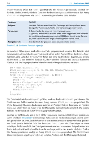 712                                                                             12   Basiswissen PHP


Wieder wird die Datei mit fopen() geöffnet und mit fclose() geschlossen. In einer for-
Schleife, die bis 20 zählt, wird die Datei mit der Funktion fgets() zeilenweise in den Array
$first20lines eingelesen. Mit fgets() können Sie jeweils eine Zeile einlesen.


 Funktion:                 fgets()

 Aufgabe:                  Liest eine Zeile aus einer Datei. Der Dateizeiger wird entsprechend weiter-
                           bewegt. Der Funktionsaufruf sollte einer Variablen zugewiesen werden.
 Parameter:                1. Datei-Handle, das zuvor mit fopen() erzeugt wurde.
                           2. (optional) Anzahl der zu lesenden Bytes. Wenn weggelassen, wird entweder
                           bis zum Zeilenende gelesen oder maximal 1024 Byte. Sinnvoll ist der Parame-
                           ter, wenn Dateien mit sehr langen Zeilen eingelesen werden sollen.
 Rückgabewert:             Gibt den Inhalt der gelesenen Daten als Zeichenkette zurück.
Tabelle 12.29: Steckbrief Funktion »fgets()«

In manchen Fällen muss auch alles »zu Fuß« programmiert werden. Ein Beispiel sind
Datendateien, deren Inhalte aus Feldern mit einer festen Anzahl Bytes bestehen. Ange-
nommen, eine Datei hat 5 Felder, von denen das erste bei Position 1 beginnt, das zweite
bei Position 17, das dritte bei Position 97, das vierte bei Position 113 und das fünfte bei
Position 171. Die so gespeicherten Werte lassen sich beispielsweise so einlesen:

      $fh = fopen("daten.dat", "r");
      $field_positions = array(0, 16, 96, 112, 170, filesize("daten.dat"));
      $fields = array();
      for($i = 0; $i < count($field_positions) - 1; $i++) {
         fseek($fh, $field_positions[$i]);
         $field = "";
         $bytes = $field_positions[$i+1] - $field_positions[$i];
         for($j = 0; $j < $bytes; $j++)
            $field .= fgetc($fh);
         $fields[$i] = $field;
      }
      fclose($fh);

Die Datei wird wieder mit fopen() geöffnet und am Ende mit fclose() geschlossen. Die
Positionen der Felder werden in einem Array namens $field_positions gespeichert. Die
Werte darin sind 0-basiert, da das erste Zeichen an Position 0 steht, das zweite an Position
1 usw. Als letzter Wert im Array wird die Dateigröße der Datendatei ermittelt. Die Inhalte
der fünf Felder sollen im Array $fields gespeichert werden.

In einer for-Schleife, die von 0 bis 4 zählt, werden die einzelnen Datenfelder eingelesen.
Dabei spielt der Dateizeiger eine wichtige Rolle. Dies ist ein Positionszeiger, in dem jeder-
zeit gespeichert ist, wen Zeichen wieviel er sich beim Lesen oder Schreiben einer geöffne-
ten Datei gerade befindet. Mit der Funktion fseek() kann der Dateizeiger an einer
beliebigen Stelle innerhalb der Datei positioniert werden. In unserem Beispiel setzen wir
ihn in jedem for-Schleifendurchlauf an die Anfangsposition des jeweils nächsten Feldes.
Die Anfangspositionen sind ja im Array $field_positions gespeichert. Mit ftell() kann
übrigens jederzeit abgefragt werden, an welcher Position sich der Dateizeiger befindet.
 