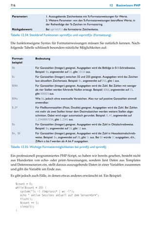 716                                                                              12    Basiswissen PHP


 Parameter:               1. Auszugebende Zeichenkette mit %-Formatanweisungen für Werte.
                          2. Weitere Parameter: von den %-Formatanweisungen betroffene Werte, in
                          der Reihenfolge der %-Zeichen im Formatstring.
 Rückgabewert:            Bei sprintf() die formatierte Zeichenkette.
Tabelle 12.34: Steckbrief Funktionen »printf()« und »sprintf()« (Fortsetzung)

Die funktionseigene Syntax für Formatanweisungen müssen Sie natürlich kennen. Nach-
folgende Tabelle schlüsselt besonders nützliche Möglichkeiten auf:


 Format-          Bedeutung
 beispiel
 %b               Für Ganzzahlen (Integer) geeignet. Ausgegeben wird die Bitfolge in 0-1-Schreibweise.
                  Beispiel: %b, angewendet auf 22, gibt 10110 aus.
 %c               Für Ganzzahlen (Integer) zwischen 32 und 255 geeignet. Ausgegeben wird das Zeichen
                  laut aktuellem Zeichensatz. Beispiel: %c, angewendet auf 252, gibt ü aus.
 %04d             Für Ganzzahlen (Integer) geeignet. Ausgegeben wird die Zahl. Bei Zahlen mit weniger
                  als vier Stellen werden führende Nullen erzeugt. Beispiel: %06d, angewendet auf 23,
                  gibt 000023 aus.
 %04u             Wie %d, jedoch ohne eventuelle Vorzeichen. Also nur auf positive Ganzzahlen sinnvoll
                  anwendbar.
 %.2f             Für Fließkommazahlen (Float, Double) geeignet. Ausgegeben wird die Zahl. Bei Zahlen
                  mit mehr als zwei Stellen hinter dem Dezimalzeichen werden weitere Stellen abge-
                  schnitten. Dabei wird sogar automatisch gerundet. Beispiel: %.4f, angewendet auf
                  1.23408957234, gibt 1.2341 aus.
 %o               Für Ganzzahlen (Integer) geeignet. Ausgegeben wird die Zahl in Oktalschreibweise.
                  Beispiel: %o, angewendet auf 10, gibt 12 aus.
 %x, %X           Für Ganzzahlen (Integer) geeignet. Ausgegeben wird die Zahl in Hexadezimalschreib-
                  weise. Beispiel: %x, angewendet auf 28, gibt 1c aus. Bei %X würde 1C ausgegeben, d.h.,
                  Ziffern a bis f werden als A bis F ausgegeben.
Tabelle 12.35: Wichtige Formatiermöglichkeiten bei printf() und sprintf()

Ein professionell programmiertes PHP-Script, so haben wir bereits gesehen, besteht nicht
aus Hunderten von echo- oder print-Anweisungen, sondern liest Daten aus Templates
und Datenressourcen ein, stellt daraus auszugebende Daten in einer Variablen zusammen
und gibt die Variable am Ende aus.

Es gibt jedoch auch Fälle, in denen etwas anderes erwünscht ist. Ein Beispiel:

      $count = 0;
      while($count < 20) {
         system("ls -l /tmp/sess* | wc -l");
         echo " aktive Sessions aktuell auf dem Server<br>";
         flush();
         $count += 1;
         sleep(5);
      }
 