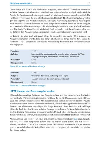 PHP-Funktionsüberblick                                                                               717


Dieses Script soll 20-mal alle 5 Sekunden ausgeben, wie viele HTTP-Sessions momentan
auf dem Server ermittelbar sind. Innerhalb der entsprechenden while-Schleife wird die
Anzahl der Sessions durch einen system-Aufruf mit einem Linuxkommando ermittelt. Die
Funktion system(), auf die wir allerdings erst in Abschnitt 12.4.8 näher eingehen werden,
gibt das Ergebnis des Aufrufs sofort aus. Eine echo-Anweisung besorgt die Restausgabe.
Nun würde PHP normalerweise bis zum Script-Ende warten, bevor es Daten ausgibt,
auch wenn die echo-Anweisungen z.B. wie im Beispiel mitten in einer while-Schleife ste-
hen. Durch die Funktion flush() wird dies jedoch verhindert – sie bewirkt, dass alles, was
bis dahin in den Ausgabepuffer ausgegeben wurde, auch tatsächlich ausgegeben wird.

Im Beispiel ist dies auch dringend nötig, da ansonsten erst nach 100 Sekunden eine
Ausgabe erscheinen würde, falls das Script überhaupt so lange laufen darf. Denn die
Funktion sleep() unterbricht die weitere Ausführung des Scripts für so viele Sekunden
wie angegeben.


 Funktion:                 flush()

 Aufgabe:                  Leert den bisherigen Ausgabepuffer und gibt seinen Inhalt aus. Bei Web-
                           Scripting nur möglich, wenn PHP als Apache-Modul installiert ist.
 Parameter:                Keine.
 Rückgabewert:             Keiner.
Tabelle 12.36: Steckbrief Funktion »flush()«


 Funktion:                 sleep()

 Aufgabe:                  Unterbricht die weitere Ausführung eines Scripts.
 Parameter:                1. Anzahl Sekunden, die unterbrochen werden soll.
 Rückgabewert:             Keiner.
Tabelle 12.37: Steckbrief Funktion »sleep()«

HTTP-Header vor Datenausgabe senden
Während das vorzeitige Entleeren des Ausgabepuffers und das Unterbrechen des Scripts
eher exotische Wünsche sind, gibt es eine Funktion, die Sie für Datenausgaben mit PHP auf
jeden Fall kennen sollten: header(). Mit dieser Funktion können Sie sowohl das HTTP-Kom-
mando formulieren, das der Webserver senden soll, als auch Message Header für die HTTP-
Antwort des Webservers hinzufügen. Ein Script kann mit dieser Funktion auf vielfältige
Weise die Reaktion des Servers auf eine Anfrage beeinflussen. So kann beispielsweise in
großem Umfang Performance gewonnen werden. Deshalb ist es wichtig, die Möglichkeiten
dieser Funktion zu kennen, was allerdings auch Kenntnisse im HTTP-Protokoll voraussetzt.

Allen Aufrufen von header() ist eines gemeinsam: Sie müssen im Script vor jeder Ausgabe
mit echo, print und dergleichen notiert sein. Es darf in einem Script, das mit header()
arbeitet, auch kein HTML-Code vor dem ersten PHP-Bereich notiert sein, d.h., es ist zwin-
gend erforderlich, dass die Script-Datei mit <?php ... beginnt. Nicht mal ein Leerzeichen
darf davor stehen.
 