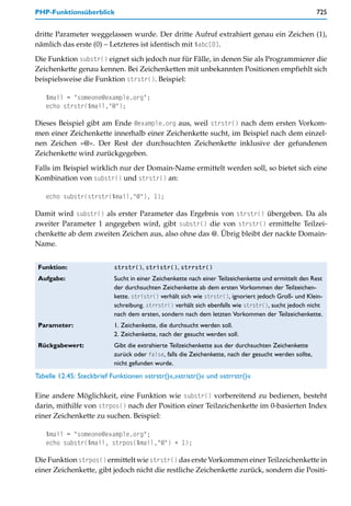 PHP-Funktionsüberblick                                                                                  725


dritte Parameter weggelassen wurde. Der dritte Aufruf extrahiert genau ein Zeichen (1),
nämlich das erste (0) – Letzteres ist identisch mit $abc[0].

Die Funktion substr() eignet sich jedoch nur für Fälle, in denen Sie als Programmierer die
Zeichenkette genau kennen. Bei Zeichenketten mit unbekannten Positionen empfiehlt sich
beispielsweise die Funktion strstr(). Beispiel:

   $mail = "someone@example.org";
   echo strstr($mail,"@");

Dieses Beispiel gibt am Ende @example.org aus, weil strstr() nach dem ersten Vorkom-
men einer Zeichenkette innerhalb einer Zeichenkette sucht, im Beispiel nach dem einzel-
nen Zeichen »@«. Der Rest der durchsuchten Zeichenkette inklusive der gefundenen
Zeichenkette wird zurückgegeben.

Falls im Beispiel wirklich nur der Domain-Name ermittelt werden soll, so bietet sich eine
Kombination von substr() und strstr() an:

   echo substr(strstr($mail,"@"), 1);

Damit wird substr() als erster Parameter das Ergebnis von strstr() übergeben. Da als
zweiter Parameter 1 angegeben wird, gibt substr() die von strstr() ermittelte Teilzei-
chenkette ab dem zweiten Zeichen aus, also ohne das @. Übrig bleibt der nackte Domain-
Name.


 Funktion:                 strstr(), stristr(), strrstr()
 Aufgabe:                  Sucht in einer Zeichenkette nach einer Teilzeichenkette und ermittelt den Rest
                           der durchsuchten Zeichenkette ab dem ersten Vorkommen der Teilzeichen-
                           kette. stristr() verhält sich wie strstr(), ignoriert jedoch Groß- und Klein-
                           schreibung. strrstr() verhält sich ebenfalls wie strstr(), sucht jedoch nicht
                           nach dem ersten, sondern nach dem letzten Vorkommen der Teilzeichenkette.
 Parameter:                1. Zeichenkette, die durchsucht werden soll.
                           2. Zeichenkette, nach der gesucht werden soll.
 Rückgabewert:             Gibt die extrahierte Teilzeichenkette aus der durchsuchten Zeichenkette
                           zurück oder false, falls die Zeichenkette, nach der gesucht werden sollte,
                           nicht gefunden wurde.
Tabelle 12.45: Steckbrief Funktionen »strstr()«,»stristr()« und »strrstr()«

Eine andere Möglichkeit, eine Funktion wie substr() vorbereitend zu bedienen, besteht
darin, mithilfe von strpos() nach der Position einer Teilzeichenkette im 0-basierten Index
einer Zeichenkette zu suchen. Beispiel:

   $mail = "someone@example.org";
   echo substr($mail, strpos($mail,"@") + 1);

Die Funktion strpos() ermittelt wie strstr() das erste Vorkommen einer Teilzeichenkette in
einer Zeichenkette, gibt jedoch nicht die restliche Zeichenkette zurück, sondern die Positi-
 
