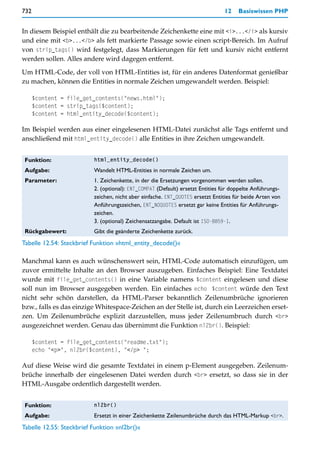 732                                                                            12    Basiswissen PHP


In diesem Beispiel enthält die zu bearbeitende Zeichenkette eine mit <i>...</i> als kursiv
und eine mit <b>...</b> als fett markierte Passage sowie einen script-Bereich. Im Aufruf
von strip_tags() wird festgelegt, dass Markierungen für fett und kursiv nicht entfernt
werden sollen. Alles andere wird dagegen entfernt.

Um HTML-Code, der voll von HTML-Entities ist, für ein anderes Datenformat genießbar
zu machen, können die Entities in normale Zeichen umgewandelt werden. Beispiel:

      $content = file_get_contents("news.html");
      $content = strip_tags($content);
      $content = html_entity_decode($content);

Im Beispiel werden aus einer eingelesenen HTML-Datei zunächst alle Tags entfernt und
anschließend mit html_entity_decode() alle Entities in ihre Zeichen umgewandelt.


 Funktion:                html_entity_decode()

 Aufgabe:                 Wandelt HTML-Entities in normale Zeichen um.
 Parameter:               1. Zeichenkette, in der die Ersetzungen vorgenommen werden sollen.
                          2. (optional): ENT_COMPAT (Default) ersetzt Entities für doppelte Anführungs-
                          zeichen, nicht aber einfache. ENT_QUOTES ersetzt Entities für beide Arten von
                          Anführungszeichen, ENT_NOQUOTES ersetzt gar keine Entities für Anführungs-
                          zeichen.
                          3. (optional) Zeichensatzangabe. Default ist ISO-8859-1.
 Rückgabewert:            Gibt die geänderte Zeichenkette zurück.
Tabelle 12.54: Steckbrief Funktion »html_entity_decode()«

Manchmal kann es auch wünschenswert sein, HTML-Code automatisch einzufügen, um
zuvor ermittelte Inhalte an den Browser auszugeben. Einfaches Beispiel: Eine Textdatei
wurde mit file_get_contents() in eine Variable namens $content eingelesen und diese
soll nun im Browser ausgegeben werden. Ein einfaches echo $content würde den Text
nicht sehr schön darstellen, da HTML-Parser bekanntlich Zeilenumbrüche ignorieren
bzw., falls es das einzige Whitespace-Zeichen an der Stelle ist, durch ein Leerzeichen erset-
zen. Um Zeilenumbrüche explizit darzustellen, muss jeder Zeilenumbruch durch <br>
ausgezeichnet werden. Genau das übernimmt die Funktion nl2br(). Beispiel:

      $content = file_get_contents("readme.txt");
      echo "<p>", nl2br($content), "</p> ";

Auf diese Weise wird die gesamte Textdatei in einem p-Element ausgegeben. Zeilenum-
brüche innerhalb der eingelesenen Datei werden durch <br> ersetzt, so dass sie in der
HTML-Ausgabe ordentlich dargestellt werden.


 Funktion:                nl2br()

 Aufgabe:                 Ersetzt in einer Zeichenkette Zeilenumbrüche durch das HTML-Markup <br>.
Tabelle 12.55: Steckbrief Funktion »nl2br()«
 