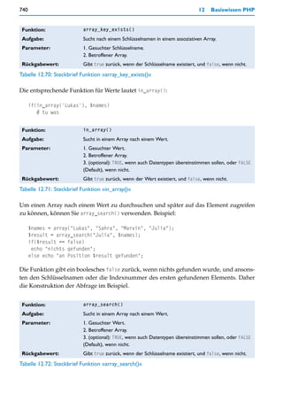 740                                                                           12   Basiswissen PHP


 Funktion:                array_key_exists()

 Aufgabe:                 Sucht nach einem Schlüsselnamen in einem assoziativen Array.
 Parameter:               1. Gesuchter Schlüsselname.
                          2. Betroffener Array.
 Rückgabewert:            Gibt true zurück, wenn der Schlüsselname existiert, und false, wenn nicht.
Tabelle 12.70: Steckbrief Funktion »array_key_exists()«

Die entsprechende Funktion für Werte lautet in_array():

      if(in_array('Lukas'), $names)
         # tu was


 Funktion:                in_array()

 Aufgabe:                 Sucht in einem Array nach einem Wert.
 Parameter:               1. Gesuchter Wert.
                          2. Betroffener Array.
                          3. (optional): TRUE, wenn auch Datentypen übereinstimmen sollen, oder FALSE
                          (Default), wenn nicht.
 Rückgabewert:            Gibt true zurück, wenn der Wert existiert, und false, wenn nicht.
Tabelle 12.71: Steckbrief Funktion »in_array()«

Um einen Array nach einem Wert zu durchsuchen und später auf das Element zugreifen
zu können, können Sie array_search() verwenden. Beispiel:

      $names = array("Lukas", "Sahra", "Marvin", "Julia");
      $result = array_search("Julia", $names);
      if($result == false)
       echo "nichts gefunden";
      else echo "an Position $result gefunden";

Die Funktion gibt ein boolesches false zurück, wenn nichts gefunden wurde, und ansons-
ten den Schlüsselnamen oder die Indexnummer des ersten gefundenen Elements. Daher
die Konstruktion der Abfrage im Beispiel.


 Funktion:                array_search()

 Aufgabe:                 Sucht in einem Array nach einem Wert.
 Parameter:               1. Gesuchter Wert.
                          2. Betroffener Array.
                          3. (optional): TRUE, wenn auch Datentypen übereinstimmen sollen, oder FALSE
                          (Default), wenn nicht.
 Rückgabewert:            Gibt true zurück, wenn der Schlüsselname existiert, und false, wenn nicht.
Tabelle 12.72: Steckbrief Funktion »array_search()«
 