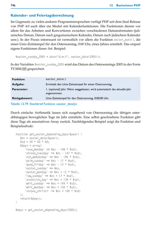 746                                                                             12   Basiswissen PHP


Kalender- und Feiertagsberechnung
Im Gegensatz zu vielen anderen Programmiersprachen verfügt PHP seit dem final Release
von PHP 4.0 auch über ein Modul mit Kalenderfunktionen. Die Funktionen dienen vor
allem für das Arbeiten und Konvertieren zwischen verschiedenen Datumsformaten (juli-
anisches Datum, Datum nach gregorianischem Kalender, Datum nach jüdischem Kalender
usw.). In der Praxis interessant ist vermutlich vor allem die Funktion easter_date(), die
einen Unix-Zeitstempel für den Ostersonntag, 0:00 Uhr, eines Jahres ermittelt. Das erspart
eigene Funktionen dieser Art. Beispiel:

      $easter_sunday_2005 = date("d.m.Y", easter_date(2005));

In der Variablen $easter_sunday_2005 wird das Datum des Ostersonntags 2005 in der Form
TT.MM.JJJJ gespeichert.


 Funktion:                easter_date()

 Aufgabe:                 Ermittelt den Unix-Zeitstempel für einen Ostersonntag.
 Parameter:               1. (optional) Jahr. Wenn weggelassen, wird automatisch das aktuelle Jahr
                          angenommen.
 Rückgabewert:            Unix-Zeitstempel für den Ostersonntag, 0:00:00 Uhr.
Tabelle 12.79: Steckbrief Funktion »easter_date()«

Durch einfache Arithmetik lassen sich ausgehend von Ostersonntag die übrigen oster-
abhängigen beweglichen Tage im Jahr ermitteln. Eine selbst geschriebene Funktion gibt
diese Tage als assoziativen Array zurück. Nachfolgendes Beispiel zeigt die Funktion und
Beispielaufrufe:

      function get_easter_depending_days($year) {
         $es = easter_date($year);
         $sd = 24 * 60 * 60;
         $days = array(
            'rose_monday' => $es - (48 * $sd),
            'shrove_tuesday' => $es - (47 * $sd),
            'ash_wednesday' => $es - (46 * $sd),
            'palm_sunday' => $es - (7 * $sd),
            'good_friday' => $es - (2 * $sd),
            'easter_sunday' => $es,
            'easter_monday' => $es + (1 * $sd),
            'low_sunday' => $es + (7 * $sd),
            'ascension_day' => $es + (39 * $sd),
            'whit_sunday' => $es + (49 * $sd),
            'whit_monday' => $es + (50 * $sd),
            'corpus_christi' => $es + (60 * $sd)
         );
         return($days);
      }

      $days = get_easter_depending_days(2005);
 