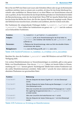 754                                                                             12    Basiswissen PHP


Bevor Sie mit PHP eine Datei zum Lesen oder Schreiben öffnen oder sie gar als Kommando
ausführen möchten, kann es ratsam sein zu prüfen, ob diese für das Script überhaupt les-,
schreib- oder ausführbar ist. Ebenso kann es vor dem Öffnen von Verzeichnissen sinnvoll
sein zu prüfen, ob das Verzeichnis für das Script überhaupt lesbar ist. Entscheidend ist dabei
die Benutzerkennung, unter der das Script läuft. Wenn PHP als Apache-Modul läuft, dann
hat das Script die Rechte des Users, der für den Apache Webserver angelegt wurde. Dieser
darf üblicherweise manches lesen, schreiben und ausführen, aber bei weitem nicht alles.

Die Funktionen für entsprechende Prüfungen heißen is_readable(), is_writable() und
is_executable(). Vom Aufbau her funktionieren sie genau wie is_dir() und die anderen
zuvor behandelten Funktionen.


 Funktion:                is_readable(), is_writable(), is_executable()
 Aufgabe:                 is_readable() prüft, ob ein Verzeichniseintrag für das Script lesbar ist,
                          is_writable(), ob er änderbar oder löschbar ist, und is_executable(), ob er
                          ausführbar ist.
 Parameter:               1. Pfadname des Verzeichniseintrags, relativ aus Sicht des aktuellen Arbeits-
                          verzeichnisses oder absolut.
 Rückgabewert:            true, wenn die Prüfung zutrifft, und false, wenn nicht.

Tabelle 12.92: Steckbrief Funktionen »is_readable()«, »is_writable()« und »is_executable()«

Beachten Sie, dass die Funktion is_executable() unter MS Windows erst seit PHP 5.0 zur
Verfügung steht.

Um weitere Detailinformationen zu Verzeichniseinträgen zu ermitteln, gibt es eine ganze
Reihe von Einzelfunktionen. Eine davon, filesize(), haben wir bereits früher in Zusam-
menhang mit fread() kennen gelernt. Nachfolgende Tabelle listet weitere Funktionen auf,
die solche Detailinformationen ermitteln. Dabei steht $f jeweils für einen relativen oder
absoluten Pfadnamen zur gewünschten Datei.


 Funktion                     Bedeutung
 fileatime($f)                Gibt den Zeitpunkt des letzten Zugriffs auf $f als Unix-Zeitstempel
                              zurück.
 filectime($f)                Gibt den Zeitpunkt der letzten Änderung des Dateizeigers Inode auf $f als
                              Unix-Zeitstempel zurück.
 filegroup($f)                Gibt unter Linux/Unix die numerische ID der Primärgruppe von $f zurück.
                              Der zugehörige Gruppenname kann mit posix_getgrgid(filegroup($f))
                              ermittelt werden.
 fileinode($f)                Gibt unter Linux/Unix die Inode-Nummer von $f zurück.
 filemtime($f)                Gibt den Zeitpunkt der letzten Änderung von $f als Unix-Zeitstempel
                              zurück.
Tabelle 12.93: Funktionen zur Ermittlung von Dateiinformationen
 