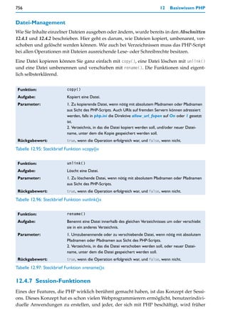 756                                                                           12   Basiswissen PHP


Datei-Management
Wie Sie Inhalte einzelner Dateien ausgeben oder ändern, wurde bereits in den Abschnitten
12.4.1 und 12.4.2 beschrieben. Hier geht es darum, wie Dateien kopiert, umbenannt, ver-
schoben und gelöscht werden können. Wie auch bei Verzeichnissen muss das PHP-Script
bei allen Operationen mit Dateien ausreichende Lese- oder Schreibrechte besitzen.

Eine Datei kopieren können Sie ganz einfach mit copy(), eine Datei löschen mit unlink()
und eine Datei umbenennen und verschieben mit rename(). Die Funktionen sind eigent-
lich selbsterklärend.


 Funktion:                copy()

 Aufgabe:                 Kopiert eine Datei.
 Parameter:               1. Zu kopierende Datei, wenn nötig mit absolutem Pfadnamen oder Pfadnamen
                          aus Sicht des PHP-Scripts. Auch URIs auf fremden Servern können adressiert
                          werden, falls in php.ini die Direktive allow_url_fopen auf On oder 1 gesetzt
                          ist.
                          2. Verzeichnis, in das die Datei kopiert werden soll, und/oder neuer Datei-
                          name, unter dem die Kopie gespeichert werden soll.
 Rückgabewert:            true, wenn die Operation erfolgreich war, und false, wenn nicht.

Tabelle 12.95: Steckbrief Funktion »copy()«


 Funktion:                unlink()

 Aufgabe:                 Löscht eine Datei.
 Parameter:               1. Zu löschende Datei, wenn nötig mit absolutem Pfadnamen oder Pfadnamen
                          aus Sicht des PHP-Scripts.
 Rückgabewert:            true, wenn die Operation erfolgreich war, und false, wenn nicht.

Tabelle 12.96: Steckbrief Funktion »unlink()«


 Funktion:                rename()

 Aufgabe:                 Benennt eine Datei innerhalb des gleichen Verzeichnisses um oder verschiebt
                          sie in ein anderes Verzeichnis.
 Parameter:               1. Umzubenennende oder zu verschiebende Datei, wenn nötig mit absolutem
                          Pfadnamen oder Pfadnamen aus Sicht des PHP-Scripts.
                          2. Verzeichnis, in das die Datei verschoben werden soll, oder neuer Datei-
                          name, unter dem die Datei gespeichert werden soll.
 Rückgabewert:            true, wenn die Operation erfolgreich war, und false, wenn nicht.

Tabelle 12.97: Steckbrief Funktion »rename()«

12.4.7 Session-Funktionen
Eines der Features, die PHP wirklich berühmt gemacht haben, ist das Konzept der Sessi-
ons. Dieses Konzept hat es schon vielen Webprogrammierern ermöglicht, benutzerindivi-
duelle Anwendungen zu erstellen, und jeder, der sich mit PHP beschäftigt, wird früher
 