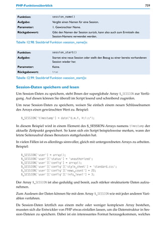PHP-Funktionsüberblick                                                                              759


 Funktion:                session_name()

 Aufgabe:                 Vergibt einen Namen für eine Session.
 Parameter:               1. Gewünschter Name.
 Rückgabewert:            Gibt den Namen der Session zurück, kann also auch zum Ermitteln des
                          Session-Namens verwendet werden.
Tabelle 12.98: Steckbrief Funktion »session_name()«


 Funktion:                session_start()

 Aufgabe:                 Startet eine neue Session oder stellt den Bezug zu einer bereits vorhandenen
                          Session wieder her.
 Parameter:               Keine.
 Rückgabewert:            true

Tabelle 12.99: Steckbrief Funktion »session_start()«

Session-Daten speichern und lesen
Um Session-Daten zu speichern, steht Ihnen der superglobale Array $_SESSION zur Verfü-
gung. Auf diesen können Sie überall im Script lesend und schreibend zugreifen.

Um neue Session-Daten zu speichern, weisen Sie einfach einem neuen Schlüsselnamen
des Arrays einen gewünschten Wert zu. Beispiel:

   $_SESSION['timestamp'] = date("d.m.Y, H:i:s");

In diesem Beispiel wird in einem Element des $_SESSION-Arrays namens timestamp der
aktuelle Zeitpunkt gespeichert. So kann sich ein Script beispielsweise merken, wann der
letzte Seitenaufruf dieses Benutzers stattgefunden hat.

In vielen Fällen ist es allerdings sinnvoller, gleich mit untergeordneten Arrays zu arbeiten.
Beispiel:

   $_SESSION['user'] = array();
   $_SESSION['user']['status'] = 'unauthorized';
   $_SESSION['user']['config'] = array();
   $_SESSION['user']['config']['style_sheet'] = 'standard.css';
   $_SESSION['user']['config']['news_count'] = 20;
   $_SESSION['user']['config']['info_level'] = 3;

Der Array $_SESSION ist also geduldig und bereit, auch stärker strukturierte Daten aufzu-
nehmen.

Zum Auslesen der Daten können Sie mit dem Array $_SESSION wie mit jeder anderen Vari-
ablen verfahren.

Da Session-Daten letztlich aus einem mehr oder weniger komplexen Array bestehen,
mussten sich die Entwickler von PHP etwas einfallen lassen, um die Datenstruktur in Ses-
sion-Dateien zu speichern. Dabei ist ein interessantes Format herausgekommen, welches
 