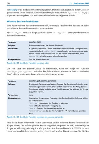 762                                                                            12    Basiswissen PHP


In test2.php wird die Session wieder aufgegriffen. Damit ist der Zugriff auf die in $_SESSION
gespeicherten Daten möglich. Das Script im Beispiel kann also auf $_SESSION['called_by']
zugreifen und ausgeben, von welchem anderen Script es aufgerufen wurde.

Weitere Session-Funktionen
Eine Reihe weiterer Session-Funktionen hilft, eventuelle Probleme bei Sessions zu behe-
ben oder die Session-Funktionalität zu optimieren.

Mit session_id() kann das Script jederzeit die bei session_start() erzeugte oder benutzte
Session-ID ermitteln.


 Funktion:                session_id()

 Aufgabe:                 Ermittelt oder ändert die aktuelle Session-ID
 Parameter:               1. (optional): Session-ID. Wenn eine andere als die aktuelle ID übergeben wird,
                          muss anschließend session_start() neu aufgerufen werden, um mit der geän-
                          derten Session-ID zu arbeiten. Um nur die Session-ID zu ermitteln, muss
                          session_id() ohne Parameter aufgerufen werden.
 Rückgabewert:            Gibt die Session-ID zurück.
Tabelle 12.103: Steckbrief Funktion »session_id()«

Um sich über das Session-Cookie zu informieren, kann ein Script die Funktion
session_get_cookie_params() aufrufen. Die Informationen können als Basis dazu dienen,
das Cookie in veränderter Form mit setcookie()neu zu setzen.


 Funktion:                session_get_cookie_params()

 Aufgabe:                 Ermittelt die Parameter des Session-Cookies. Der Funktionsaufruf sollte einer
                          Variablen zugewiesen werden. Diese enthält anschließend den Array, den die
                          Funktion zurückgibt, und über diese Variable kann auf die Schlüssel des Arrays
                          zugegriffen werden.
 Parameter:               keine
 Rückgabewert:            Assoziativer Array mit den Parametern des Session-Cookies. Folgende Schlüs-
                          sel sind enthalten:
                          'lifetime': Lebensdauer des Cookies in Sekunden.
                          'path': Pfad, für den das Cookie gültig ist.
                          'domain': Domain, für die das Cookie gültig ist.
                          'secure': true, wenn das Cookie nur über HTTPS-Verbindungen gesendet
                          wird.
Tabelle 12.104: Steckbrief Funktion »session_get_cookie_params()«

Falls Sie in Ihrem Webprojekt Frames verwenden und in mehreren Frame-Fenstern PHP-
Scripts haben, die auf die gleiche Session zugreifen, empfiehlt es sich, innerhalb jedes
Scripts so frühzeitig wie möglich alle gewünschten Session-Daten in $_SESSION zu spei-
chern und anschließend session_write_close() aufzurufen. Damit beenden Sie die Ses-
 