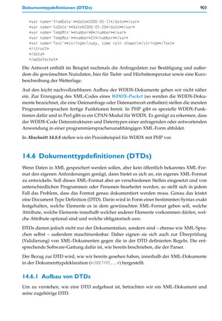 Dokumenttypdefinitionen (DTDs)                                                      903


   <var name='fromDate'><date>2006-05-17</date></var>
   <var name='toDate'><date>2006-05-20</date></var>
   <var name='TempMin'><number>8</number></var>
   <var name='TempMax'><number>21</number></var>
   <var name='Text'><string>cloudy, some rain showers</string></Text>
   </struct>
   </data>
   </wddxPacket>
Die Antwort enthält im Beispiel nochmals die Anfragedaten zur Bestätigung und außer-
dem die gewünschten Nutzdaten, hier für Tiefst- und Höchsttemperatur sowie eine Kurz-
beschreibung der Wetterlage.

Auf den leicht nachvollziehbaren Aufbau der WDDX-Dokumente gehen wir nicht näher
ein. Zur Erzeugung des XML-Codes eines WDDX-Packet (so werden die WDDX-Doku-
mente bezeichnet, die eine Datenanfrage oder Datenantwort enthalten) stellen die meisten
Programmiersprachen fertige Funktionen bereit. In PHP gibt es spezielle WDDX-Funk-
tionen dafür und in Perl gibt es ein CPAN-Modul für WDDX. Es genügt zu erkennen, dass
der WDDX-Code Datenstrukturen und Datentypen einer anfragenden oder antwortenden
Anwendung in einer programmiersprachenunabhängigen XML-Form abbildet.

In Abschnitt 14.8.8 stellen wir ein Praxisbeispiel für WDDX mit PHP vor.



14.6 Dokumenttypdefinitionen (DTDs)
Wenn Daten in XML gespeichert werden sollen, aber kein öffentlich bekanntes XML-For-
mat den eigenen Anforderungen genügt, dann bietet es sich an, ein eigenes XML-Format
zu entwickeln. Soll dieses XML-Format aber an verschiedenen Stellen eingesetzt und von
unterschiedlichen Programmen oder Personen bearbeitet werden, so stellt sich in jedem
Fall das Problem, dass das Format genau dokumentiert werden muss. Genau das leistet
eine Document Type Definition (DTD). Darin wird in Form einer bestimmten Syntax exakt
festgehalten, welche Elemente es in dem gewünschten XML-Format geben soll, welche
Attribute, welche Elemente innerhalb welcher anderer Elemente vorkommen dürfen, wel-
che Attribute optional sind und welche obligatorisch usw.

DTDs dienen jedoch nicht nur der Dokumentation, sondern sind – ebenso wie XML-Spra-
chen selbst – außerdem maschinenlesbar. Daher eignen sie sich auch zur Überprüfung
(Validierung) von XML-Dokumenten gegen die in der DTD definierten Regeln. Die ent-
sprechende Software-Gattung dafür ist, wie bereits beschrieben, die der Parser.

Der Bezug zur DTD wird, wie wir bereits gesehen haben, innerhalb der XML-Dokumente
in der Dokumenttypdeklaration (<!DOCTYPE...>) hergestellt.


14.6.1 Aufbau von DTDs
Um zu verstehen, wie eine DTD aufgebaut ist, betrachten wir ein XML-Dokument und
seine zugehörige DTD.
 