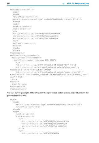 930                                                         14   XML für Webentwickler


      <xsl:template match="/">
         <html>
         <head>
         <title>Mitglieder</title>
         <meta http-equiv="content-type" content="text/html; charset= UTF-8" />
         </head>
         <body>
         <h1>Mitglieder</h1>
         <table border="1">
         <tr>
         <th style="text-align:left">Mitgliedsnummer</th>
         <th style="text-align:left">Mitgliedsname</th>
         <th style="text-align:left">Mitglied seit</th>
         </tr>
         <xsl:apply-templates />
         </table>
         </body>
         </html>
      </xsl:template>
      <xsl:template match="members">
        <xsl:for-each select="member">
          <xsl:if test="member_since/yyyy < 2005">
            <tr>
            <td style="text-align:left"><xsl:value-of select="@nr" /></td>
            <td style="text-align:left"><xsl:value-of select="given_name" />
      <xsl:value-of select="family_name" /></td>
            <td style="text-align:left"><xsl:value-of select="member_since/dd" /
      >.<xsl:value-of select="member_since/mm" />.<xsl:value-of select="member_since/
      yyyy" /></td>
        </tr>
      </xsl:if>
        </xsl:for-each>
      </xsl:template>
      </xsl:stylesheet>
Auf das zuvor gezeigte XML-Dokument angewendet, liefert dieses XSLT-Stylesheet fol-
genden HTML-Code:
      <html>
         <head>
             <meta http-equiv="Content-Type" content="text/html; charset=UTF-8">
             <title>Mitglieder</title>
         </head>
         <body>
             <h1>Mitglieder</h1>
             <table border="1">
                <tr>
                   <th style="text-align:left">Mitgliedsnummer</th>
                   <th style="text-align:left">Mitgliedsname</th>
                   <th style="text-align:left">Mitglied seit</th>
                </tr>
                <tr>
                   <td style="text-align:left">19341</td>
 
