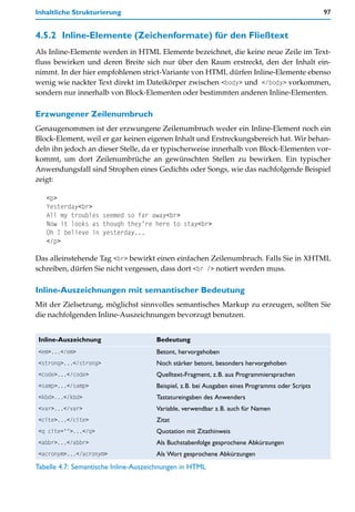 Inhaltliche Strukturierung                                                                       97


4.5.2 Inline-Elemente (Zeichenformate) für den Fließtext
Als Inline-Elemente werden in HTML Elemente bezeichnet, die keine neue Zeile im Text-
fluss bewirken und deren Breite sich nur über den Raum erstreckt, den der Inhalt ein-
nimmt. In der hier empfohlenen strict-Variante von HTML dürfen Inline-Elemente ebenso
wenig wie nackter Text direkt im Dateikörper zwischen <body> und </body> vorkommen,
sondern nur innerhalb von Block-Elementen oder bestimmten anderen Inline-Elementen.

Erzwungener Zeilenumbruch
Genaugenommen ist der erzwungene Zeilenumbruch weder ein Inline-Element noch ein
Block-Element, weil er gar keinen eigenen Inhalt und Erstreckungsbereich hat. Wir behan-
deln ihn jedoch an dieser Stelle, da er typischerweise innerhalb von Block-Elementen vor-
kommt, um dort Zeilenumbrüche an gewünschten Stellen zu bewirken. Ein typischer
Anwendungsfall sind Strophen eines Gedichts oder Songs, wie das nachfolgende Beispiel
zeigt:

   <p>
   Yesterday<br>
   All my troubles seemed so far away<br>
   Now it looks as though they’re here to stay<br>
   Oh I believe in yesterday...
   </p>

Das alleinstehende Tag <br> bewirkt einen einfachen Zeilenumbruch. Falls Sie in XHTML
schreiben, dürfen Sie nicht vergessen, dass dort <br /> notiert werden muss.

Inline-Auszeichnungen mit semantischer Bedeutung
Mit der Zielsetzung, möglichst sinnvolles semantisches Markup zu erzeugen, sollten Sie
die nachfolgenden Inline-Auszeichnungen bevorzugt benutzen.


Inline-Auszeichnung                   Bedeutung
<em>...</em>                          Betont, hervorgehoben
<strong>...</strong>                  Noch stärker betont, besonders hervorgehoben
<code>...</code>                      Quelltext-Fragment, z.B. aus Programmiersprachen
<samp>...</samp>                      Beispiel, z.B. bei Ausgaben eines Programms oder Scripts
<kbd>...</kbd>                        Tastatureingaben des Anwenders
<var>...</var>                        Variable, verwendbar z.B. auch für Namen
<cite>...</cite>                      Zitat
<q cite="">...</q>                    Quotation mit Zitathinweis
<abbr>...</abbr>                      Als Buchstabenfolge gesprochene Abkürzungen
<acronym>...</acronym>                Als Wort gesprochene Abkürzungen
Tabelle 4.7: Semantische Inline-Auszeichnungen in HTML
 