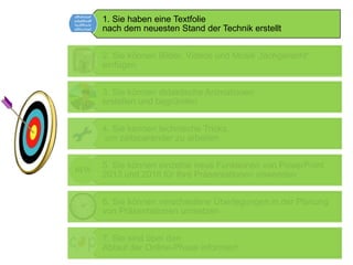 1. Sie haben eine Textfolie
nach dem neuesten Stand der Technik erstellt
2. Sie können Bilder, Videos und Musik „fachgerecht“
einfügen
3. Sie können didaktische Animationen
erstellen und begründen
4. Sie kennen technische Tricks,
um zeitsparender zu arbeiten
5. Sie können einzelne neue Funktionen von PowerPoint
2013 und 2016 für Ihre Präsentationen anwenden
6. Sie können verschiedene Überlegungen in der Planung
von Präsentationen umsetzen
7. Sie sind über den
Ablauf der Online-Phase informiert
 