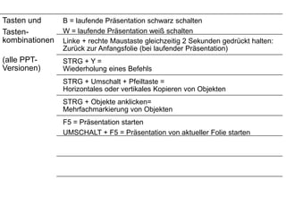 Tasten und
Tasten-
kombinationen
(alle PPT-
Versionen)
B = laufende Präsentation schwarz schalten
W = laufende Präsentation weiß schalten
Linke + rechte Maustaste gleichzeitig 2 Sekunden gedrückt halten:
Zurück zur Anfangsfolie (bei laufender Präsentation)
STRG + Y =
Wiederholung eines Befehls
STRG + Umschalt + Pfeiltaste =
Horizontales oder vertikales Kopieren von Objekten
STRG + Objekte anklicken=
Mehrfachmarkierung von Objekten
F5 = Präsentation starten
UMSCHALT + F5 = Präsentation von aktueller Folie starten
 