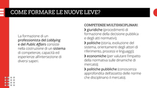COME FORMARE LE NUOVE LEVE?
La formazione di un
professionista del Lobbying
e del Public Affairs consiste
nella costruzione di un sistema
di competenze, capacità ed
esperienze all’intersezione di
diversi saperi.
COMPETENZE MULTIDISCIPLINARI:
❯ giuridiche (procedimenti di
formazione della decisione pubblica
e degli atti normativi);
❯ politiche (storia, evoluzione del
sistema, orientamenti degli attori di
riferimento, processi e linguaggi);
❯ economiche (per valutare l’impatto
della normativa sulle dinamiche di
mercato);
❯ politiche pubbliche (conoscenza
approfondita dell’assetto delle norme
che disciplinano il mercato).
 
