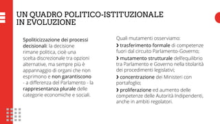 UN QUADRO POLITICO-ISTITUZIONALE
IN EVOLUZIONE
Spoliticizzazione dei processi
decisionali: la decisione
rimane politica, cioè una
scelta discrezionale tra opzioni
alternative, ma sempre più è
appannaggio di organi che non
esprimono e non garantiscono
- a differenza del Parlamento - la
rappresentanza plurale delle
categorie economiche e sociali.
Quali mutamenti osserviamo:
❯ trasferimento formale di competenze
fuori dal circuito Parlamento-Governo;
❯ mutamento strutturale dell’equilibrio
tra Parlamento e Governo nella titolarità
dei procedimenti legislativi;
❯ concentrazione dei Ministeri con
portafoglio;
❯ proliferazione ed aumento delle
competenze delle Autorità Indipendenti,
anche in ambiti regolatori.
 
