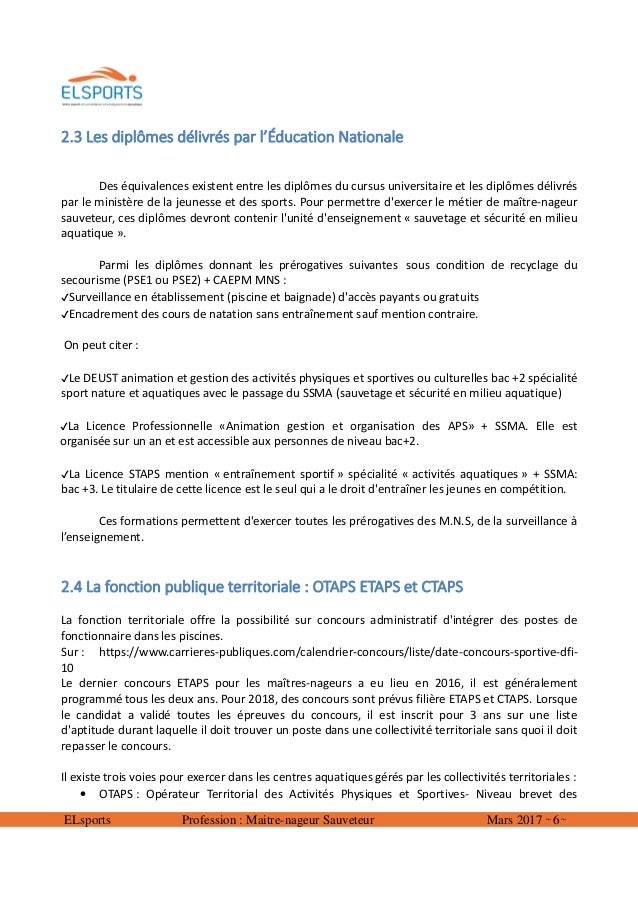 Fiche metier educateur sportif des activites aquatiques et de la natation